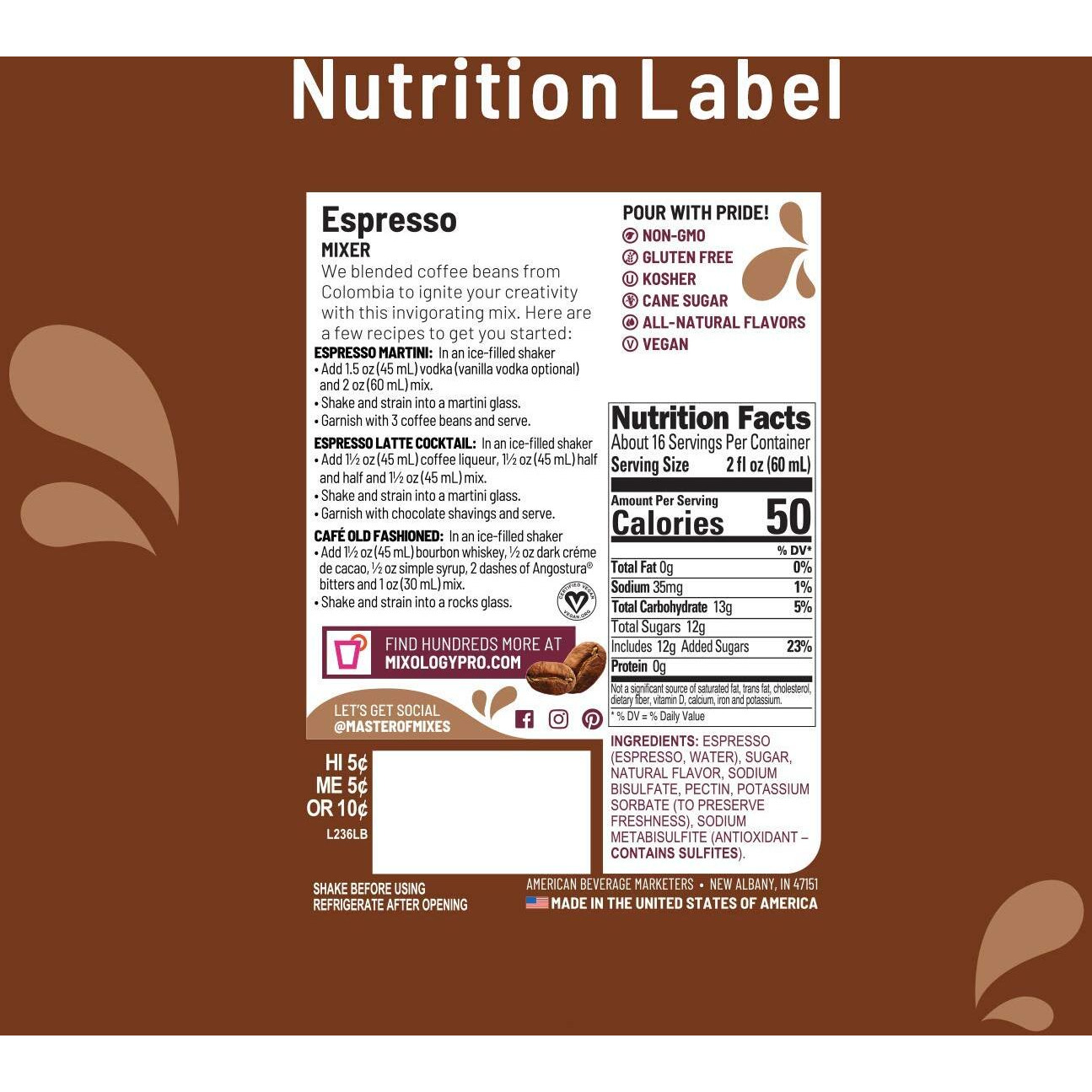 Master Of Mixes Espresso Drink Mix, Ready To Use, 1 Liter Bottle (33.8 Fl Oz), Individually Boxed In Ecommerce Protective Packaging