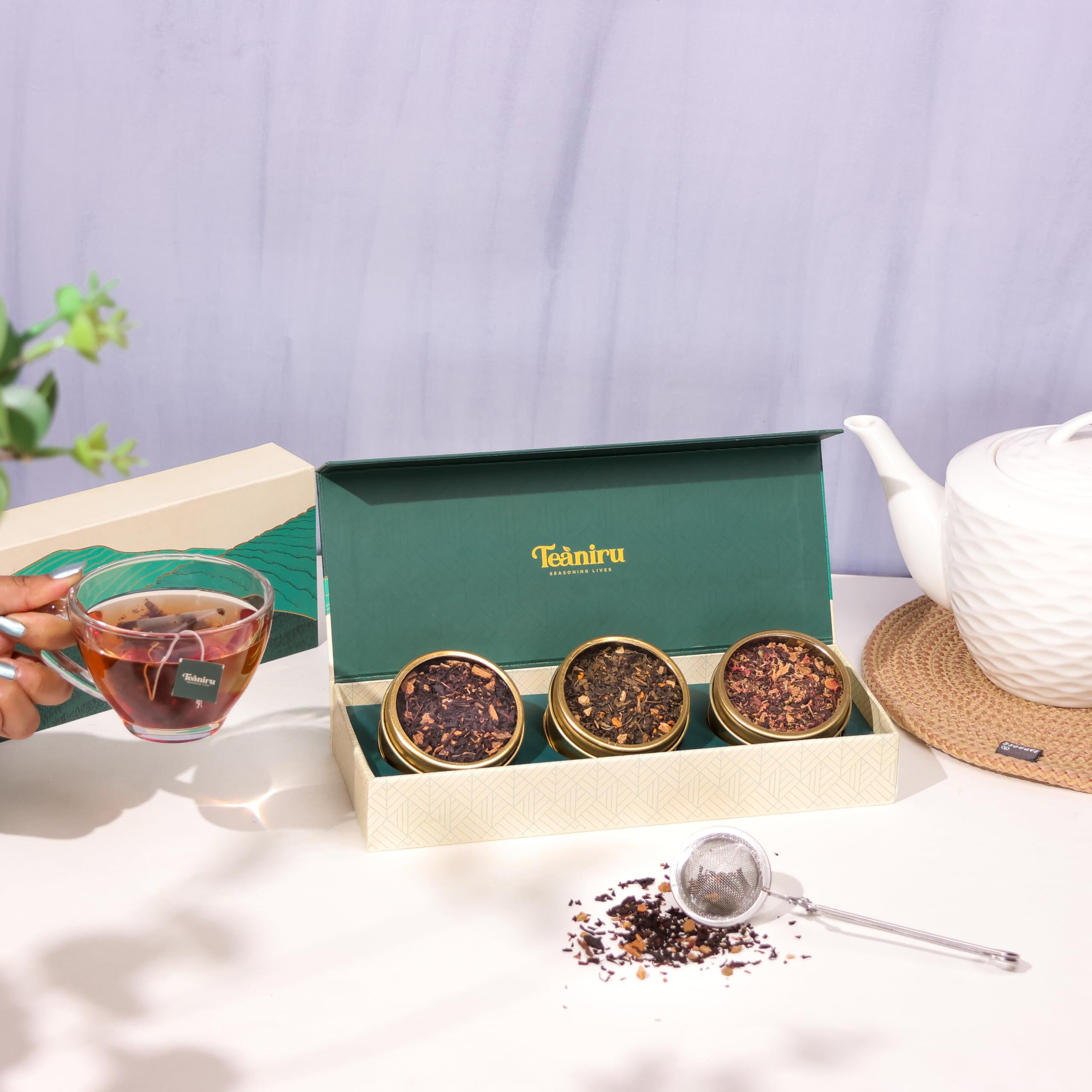 Teaniru, Novelty Tea Collection - Loose Leaf Tea Gift Set (3 Flavors, Up To 50 Servings) | Premium Loose Tea Collection - Apple Cinnamon, Turmeric Masala & Rose Lemon Tea | Tea Lovers Gift
