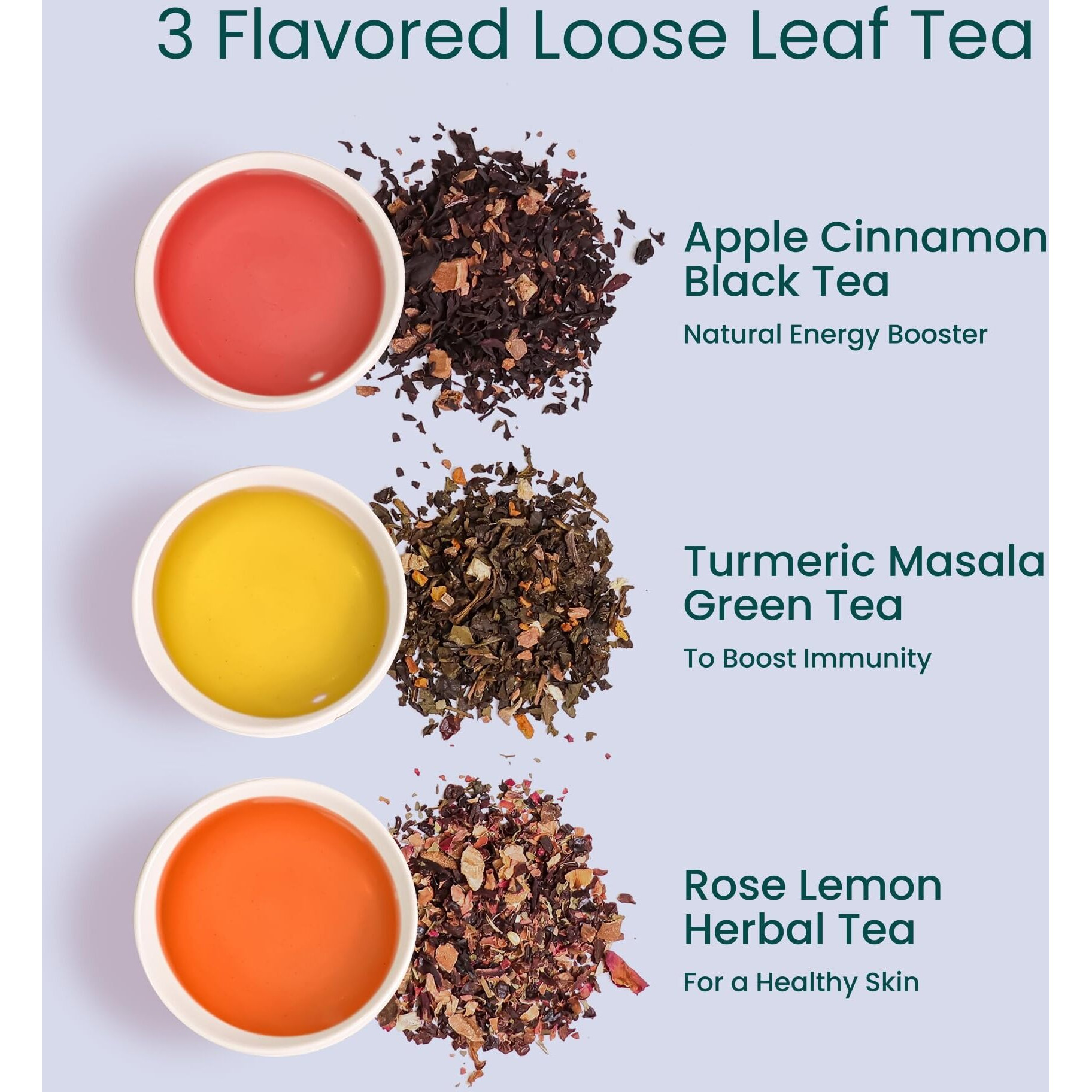 Teaniru, Novelty Tea Collection - Loose Leaf Tea Gift Set (3 Flavors, Up To 50 Servings) | Premium Loose Tea Collection - Apple Cinnamon, Turmeric Masala & Rose Lemon Tea | Tea Lovers Gift