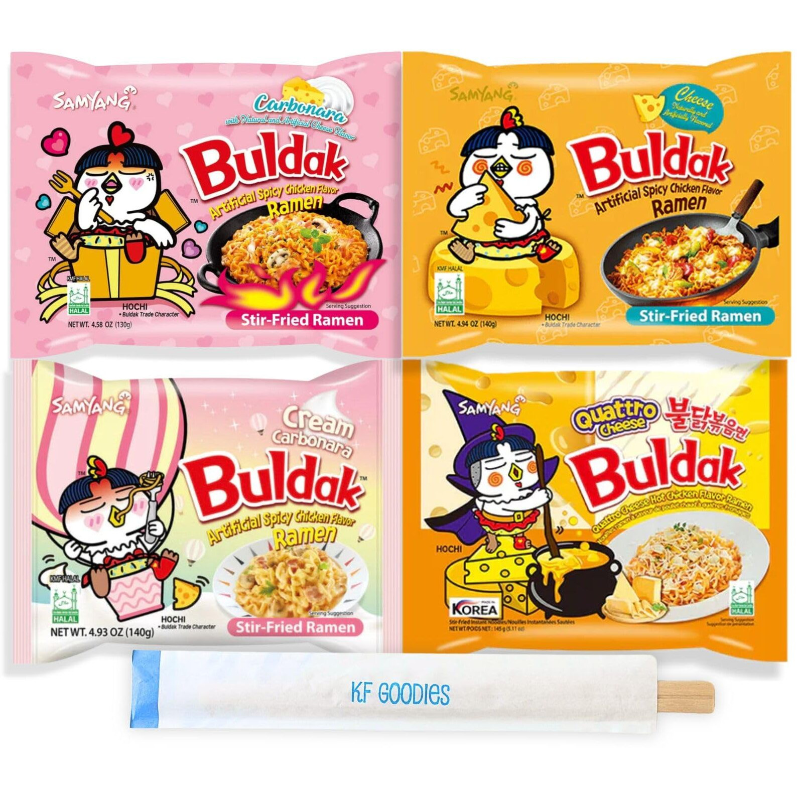 Samyang Buldak Hot Spicy Chicken Ramen Noodle Korean Stir-Fried Ramen, 1 Pack For Each Flavor (4, Carbonara, Cream Carbonara, Quattro Cheese, Cheese)