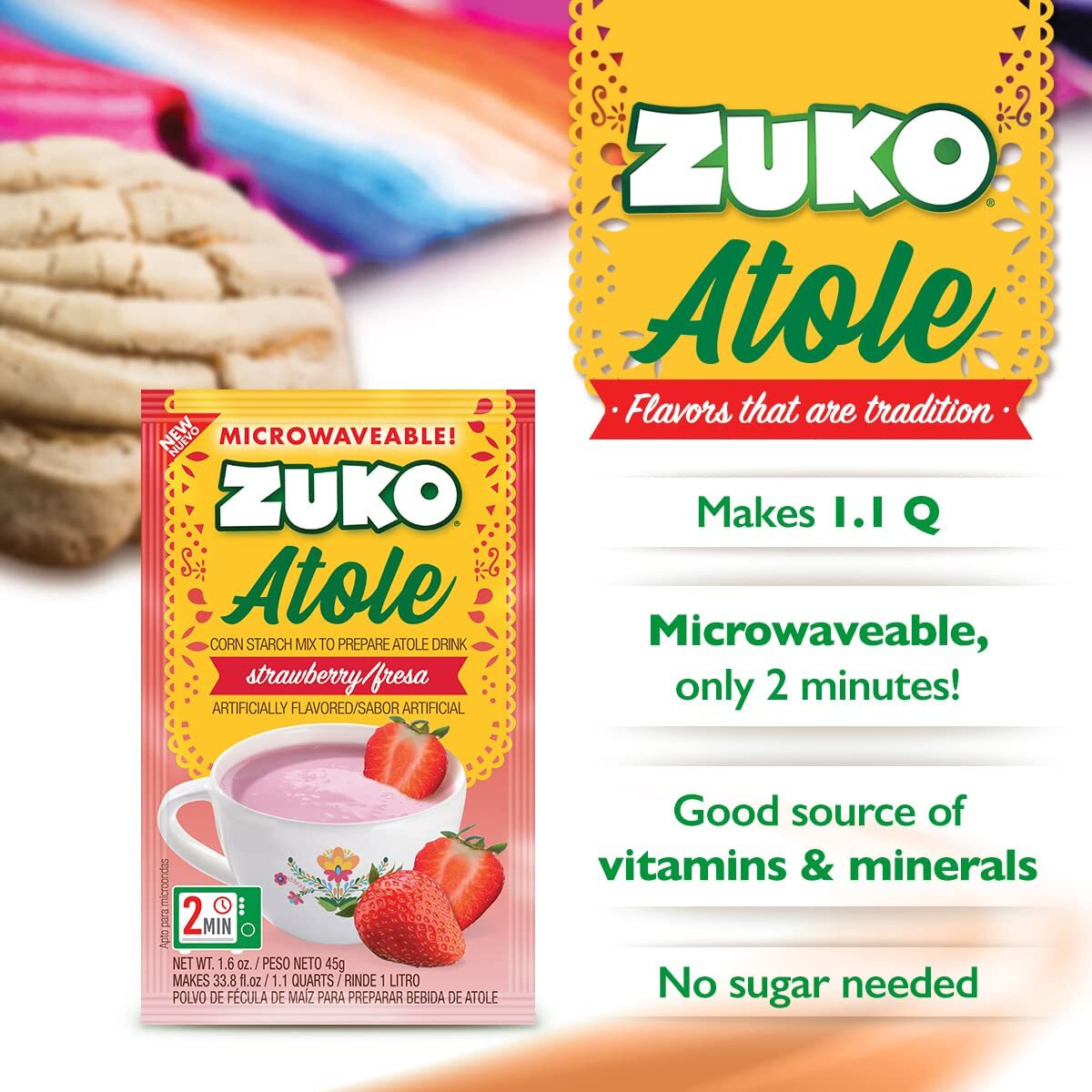 Zuko Atole Strawberry Instant Corn Starch Mix | Fortified With Vitamins | Just Add Hot Water | Microwaveable In Only 2 Minutes | 1.6 Ounce (Pack Of 24)