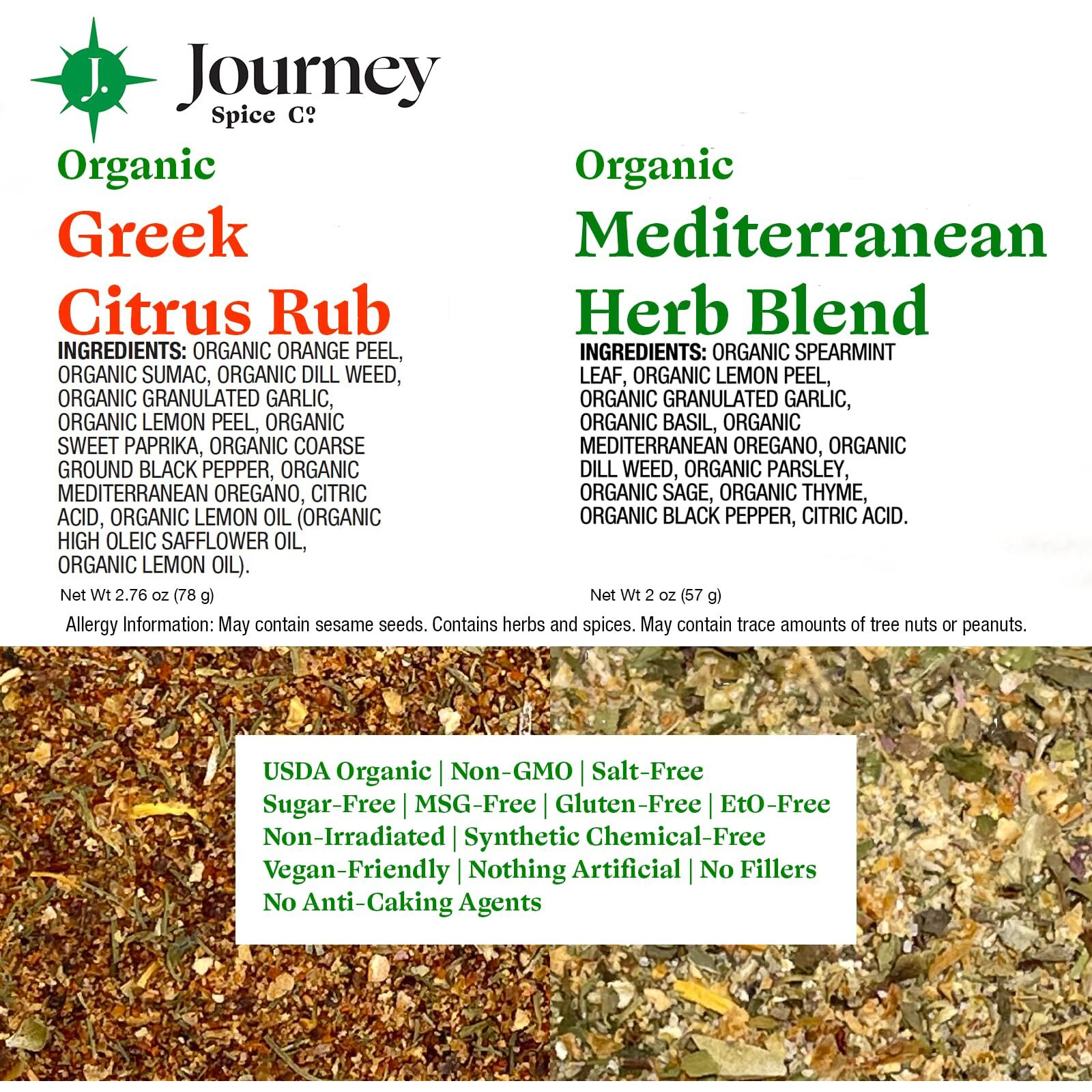 Gourmet Organic Greek Citrus Rub & Mediterranean Herb Blend Seasoning Gift Set By Journey Spice Co. | Salt-Free | No Msg | Greek Spice Seasoning