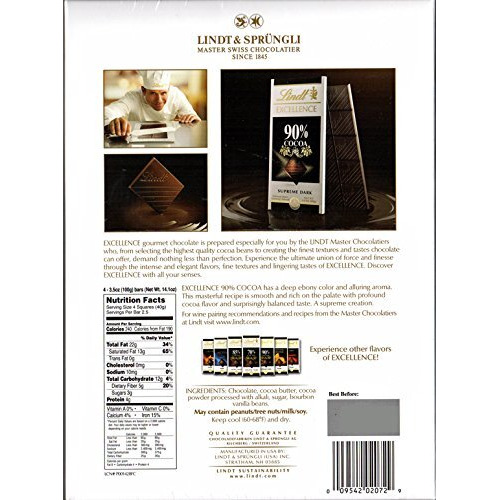 Lindt Excellence Bar, 90% Cocoa Supreme Dark Chocolate, Gluten Free, Great For Holiday Gifting, 3.5 Oz, 4Count
