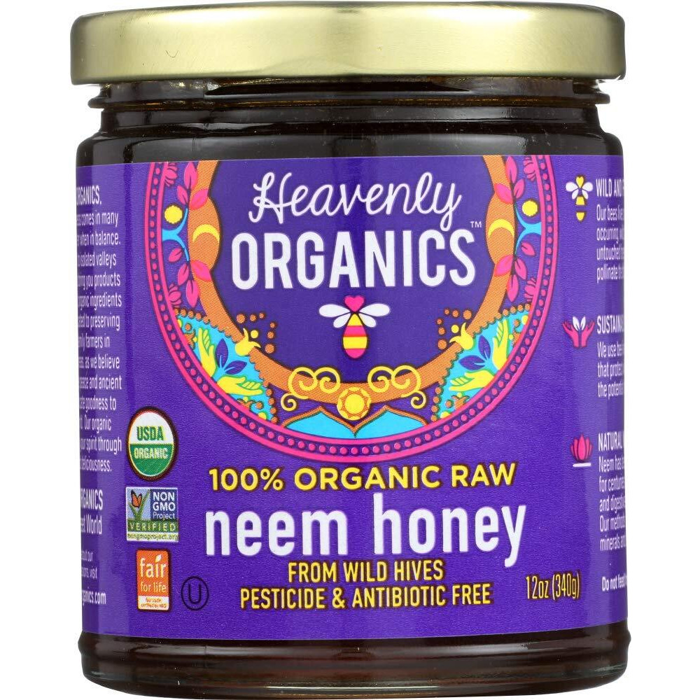 Heavenly Organics 100% Organic Raw Neem Honey 3 Pack - Size 12Oz/Jar Lightly Filtered To Preserve Vitamins, Minerals And Enzymes Made From Wild Beehives & Free Range Bees, Dairy, Nut, Gluten Free, Kosher, Chemical , Antibiotic And Glyphosate Free