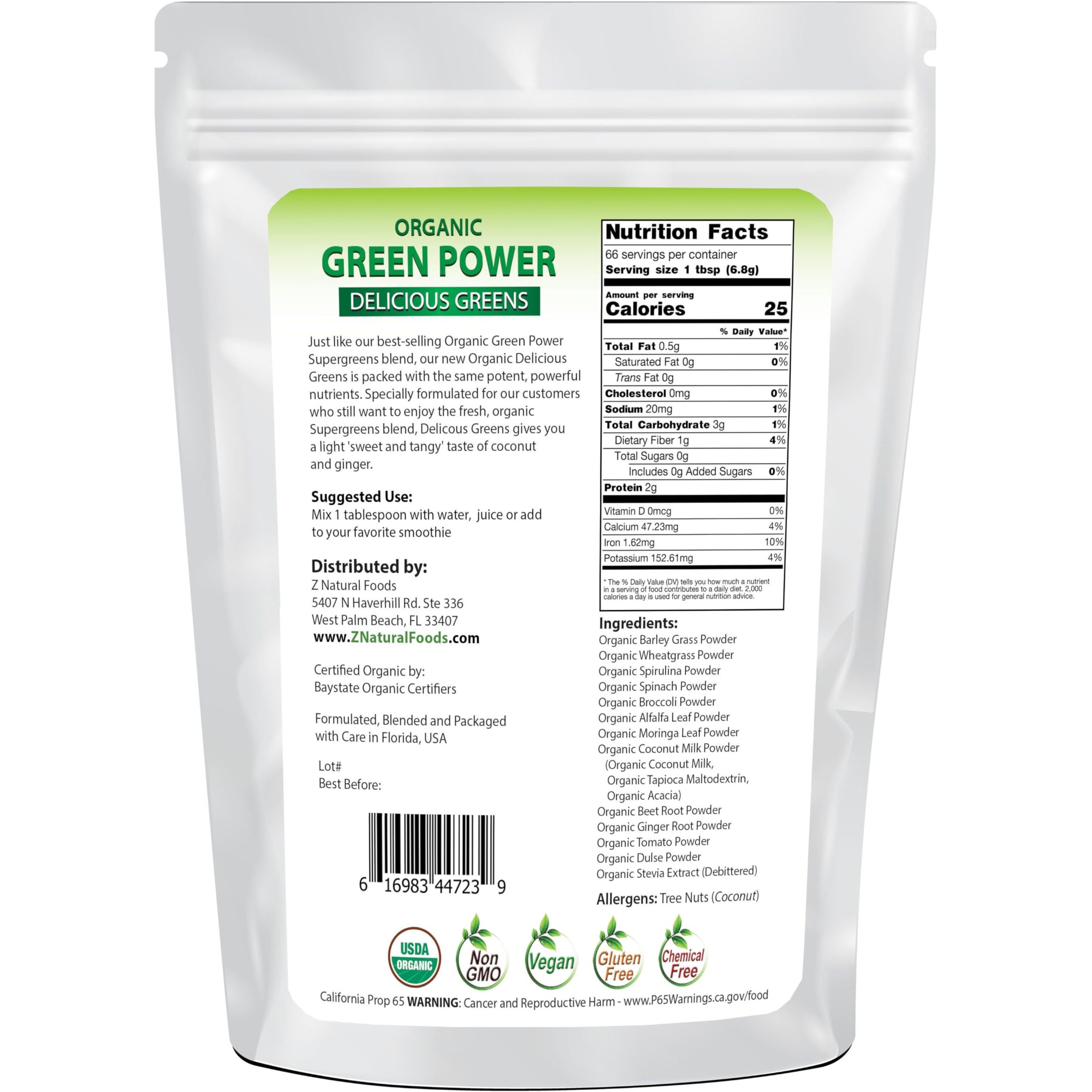 Z Natural Foods Delicious Greens Superfood Powder, Antioxidant-Rich,Tangy And Nutrient-Dense Greens Blend, 100% Natural Superfood, Vegan, Gluten Free, Non-Gmo, Kosher, 1 Lb