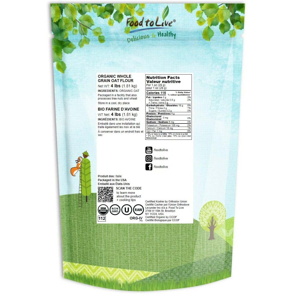 Food To Live Organic Oat Flour, 4 Pounds - Non-Gmo, Fine, Stone Ground From Whole Grain Oat Berries, Kosher, Vegan, Bulk, Great For Baking Pancakes, Muffins, Waffles And Bread, Good Source Of Fiber