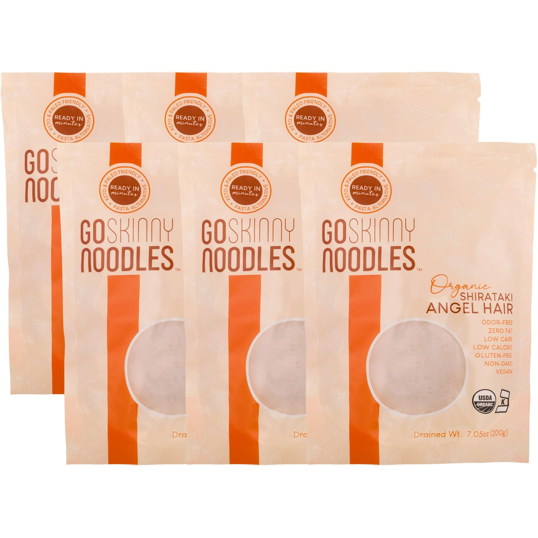 Goskinny Noodles Angel Hair (6), Organic, Odorless Shirataki & Konjac Pasta, Low Carb, Low Calorie, Gluten Free, Vegan, Kosher, Keto, Paleo-Friendly, Ready In Minutes