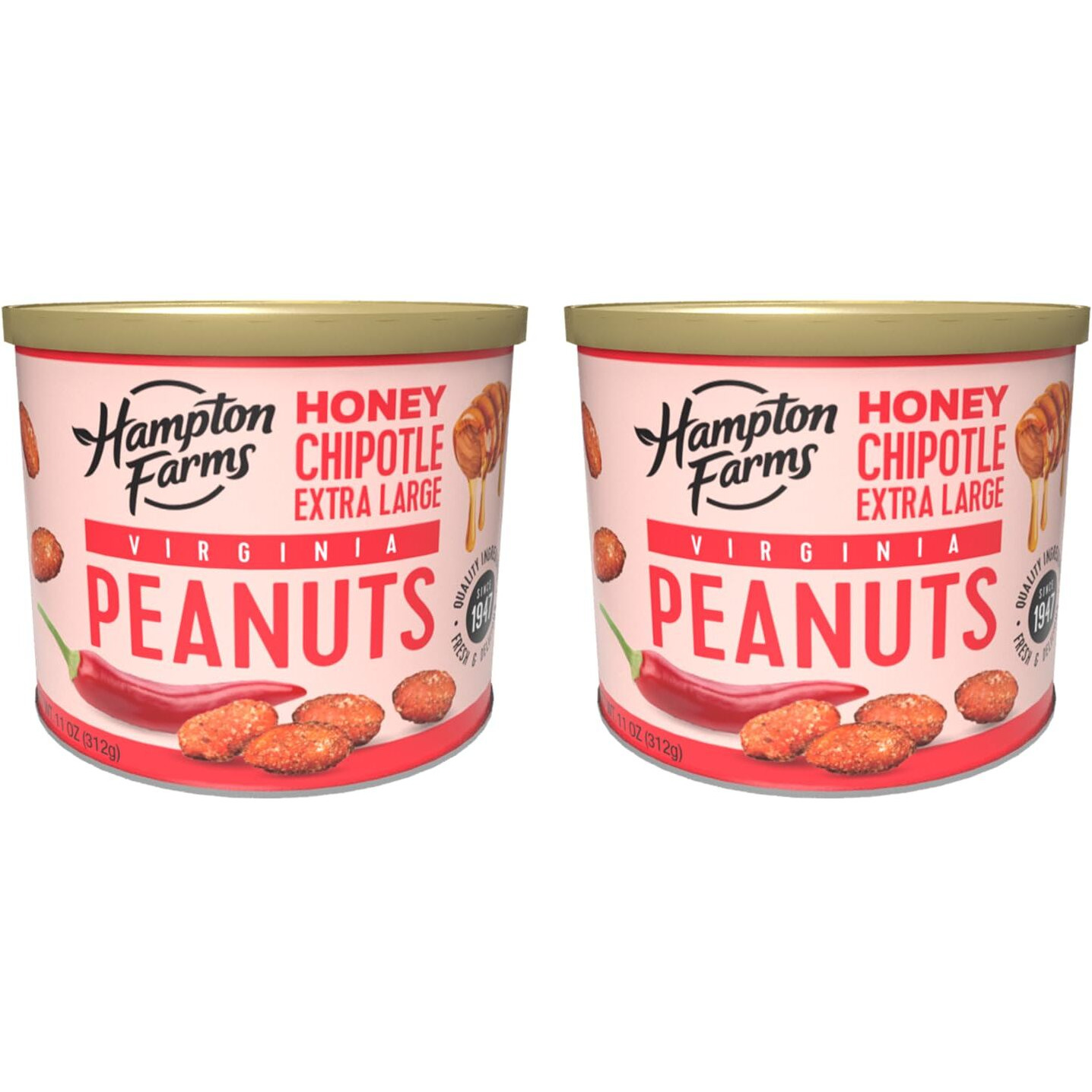 Hampton Farms - Usa Grown Gourmet Nuts - Honey Chipotle Peanuts - 11 Oz. Canisters - 2 Pack