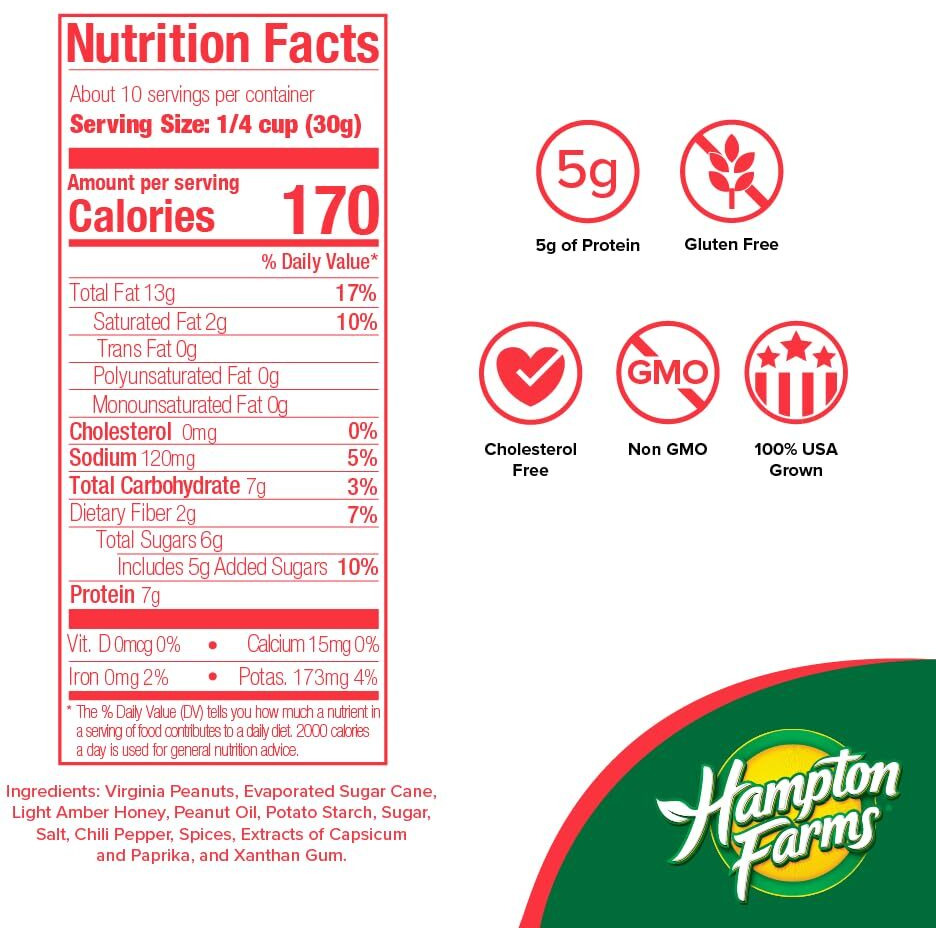 Hampton Farms - Usa Grown Gourmet Nuts - Honey Chipotle Peanuts - 11 Oz. Canisters - 2 Pack