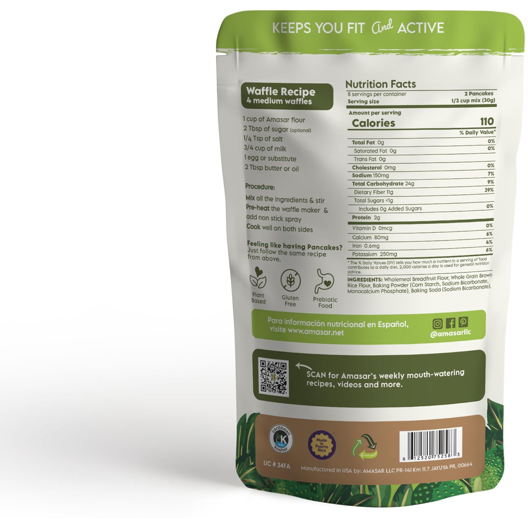 Amasar | Breadfruit Pancake And Waffle Mix |Gluten-Free Non-Gmo High-Fiber No Sugar Added | Best For Pancakes Crispy Waffles | Healthy No Preservatives Breakfast Meal | Plant Based (8.50 Ounce (Pack Of 1))