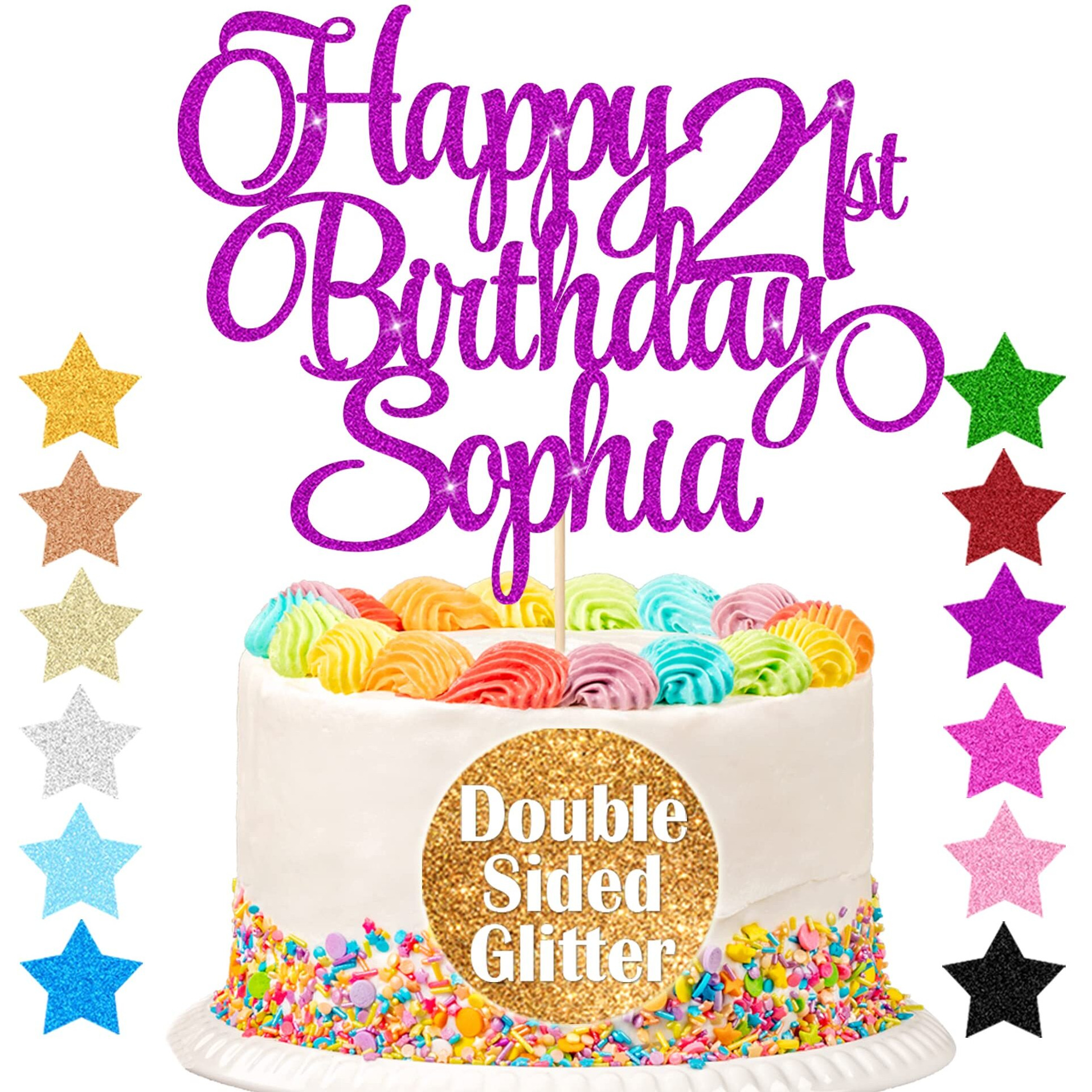 Edsg Personalized Cake Topper, Birthday Decoration With Any Age & Name, 11 Colors Double-Sided Glitter, 7X4 Inches, Purple