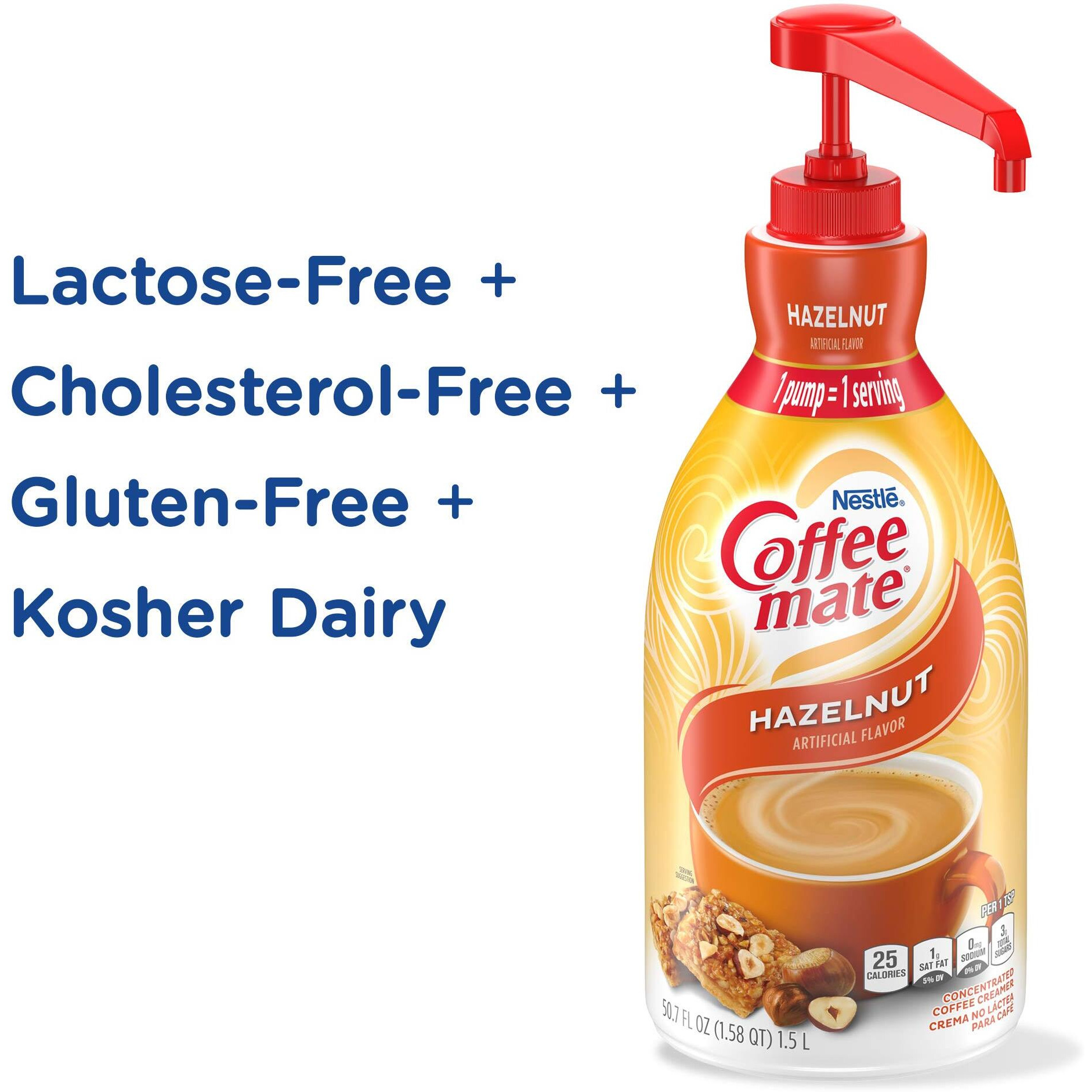 Nestle Coffee Mate Coffee Creamer, Hazelnut, Concentrated Liquid Pump Bottle, Non Dairy, No Refrigeration, 50.7 Oz