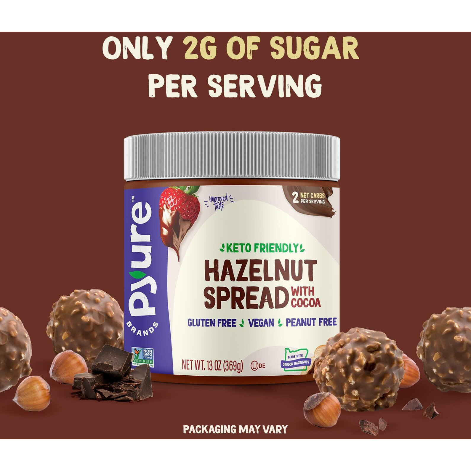 Pyure Hazelnut Spread With Cocoa 2 Net Carbs Keto Snack Gluten-Free, Peanut Free, Plant-Based Hazelnut Spread For Vegan Keto Friendly Food 13Oz