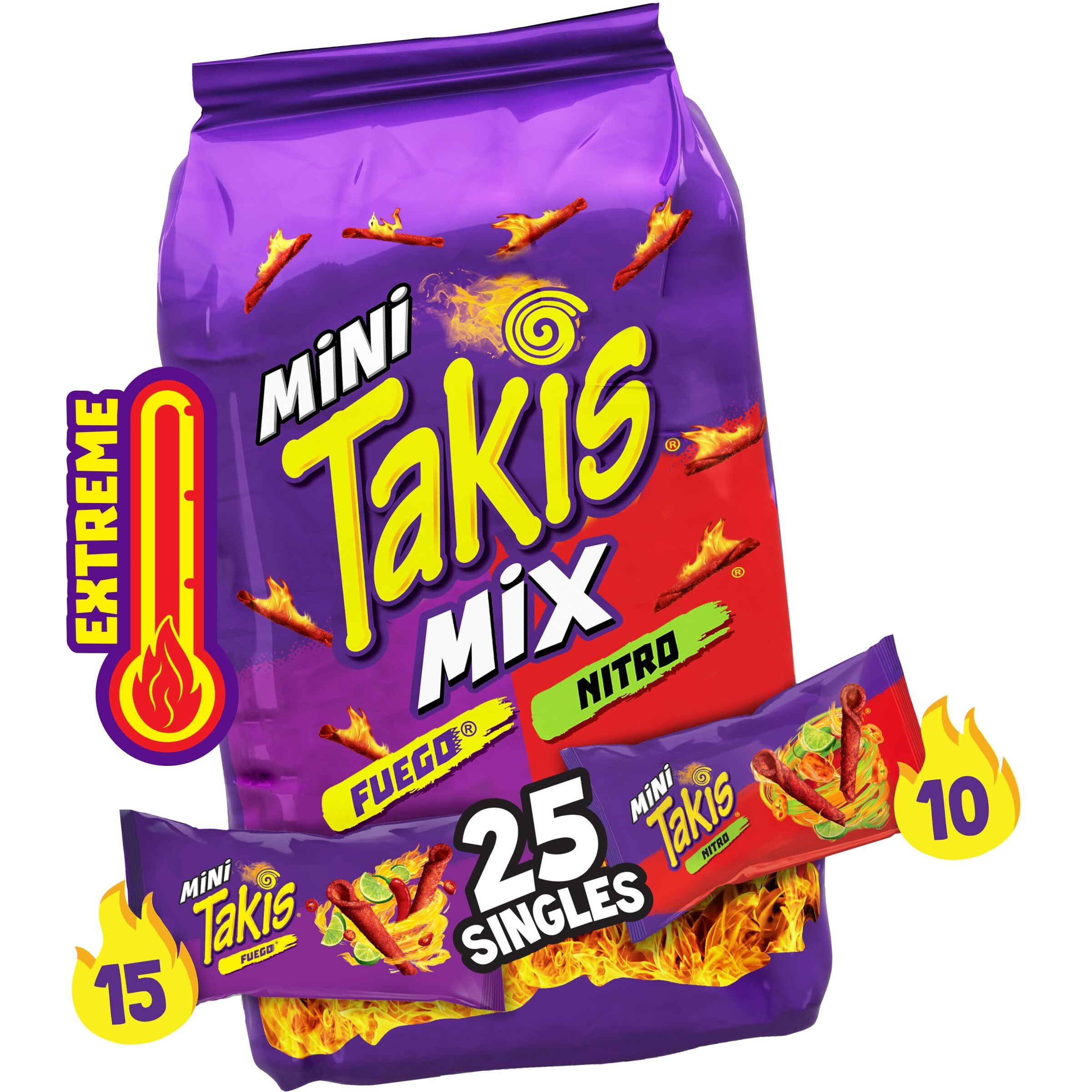 Takis Mini 25 Pc / 1.23 Oz Bite Size Variety Pack, Assorted Flavored Mixed Rolled Tortilla Chips - (15) Fuego Mini 1.23 Oz, (10) Nitro Mini 1.23 Oz