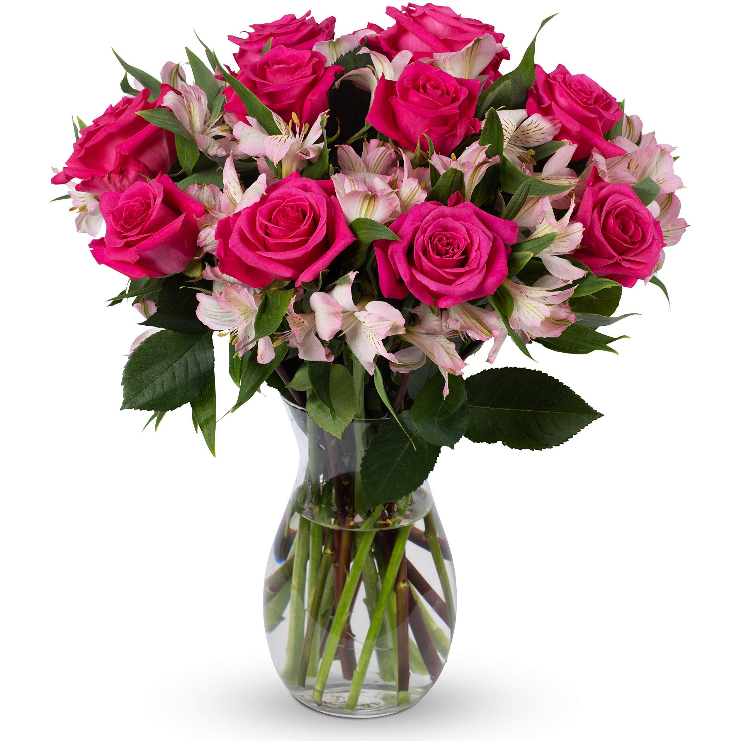 Benchmark Bouquets, Charming Roses & Alstroemeria, Glass Vase Included, Gift Fresh Flowers For Birthday, Anniversary, Get Well, Sympathy, Congratulations, Thank You, Just Because