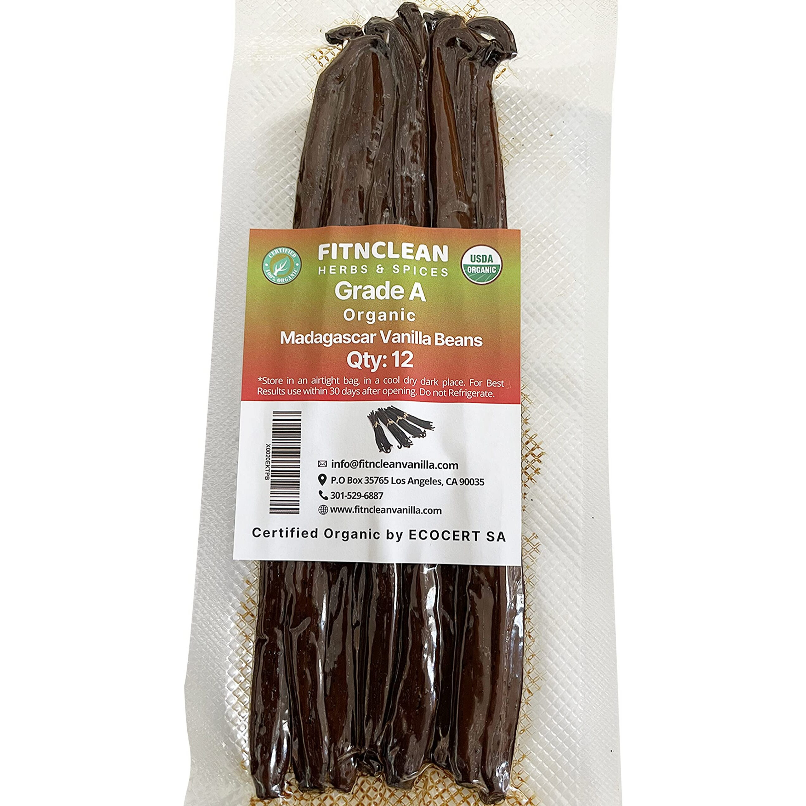12 Organic Madagascar Vanilla Beans Grade A. Certified Usda Organic 6""-7.5"" By Fitnclean Vanilla For Chefs, Extract, Baking And Essence. Gourmet Bourbon Non-Gmo Whole Pods