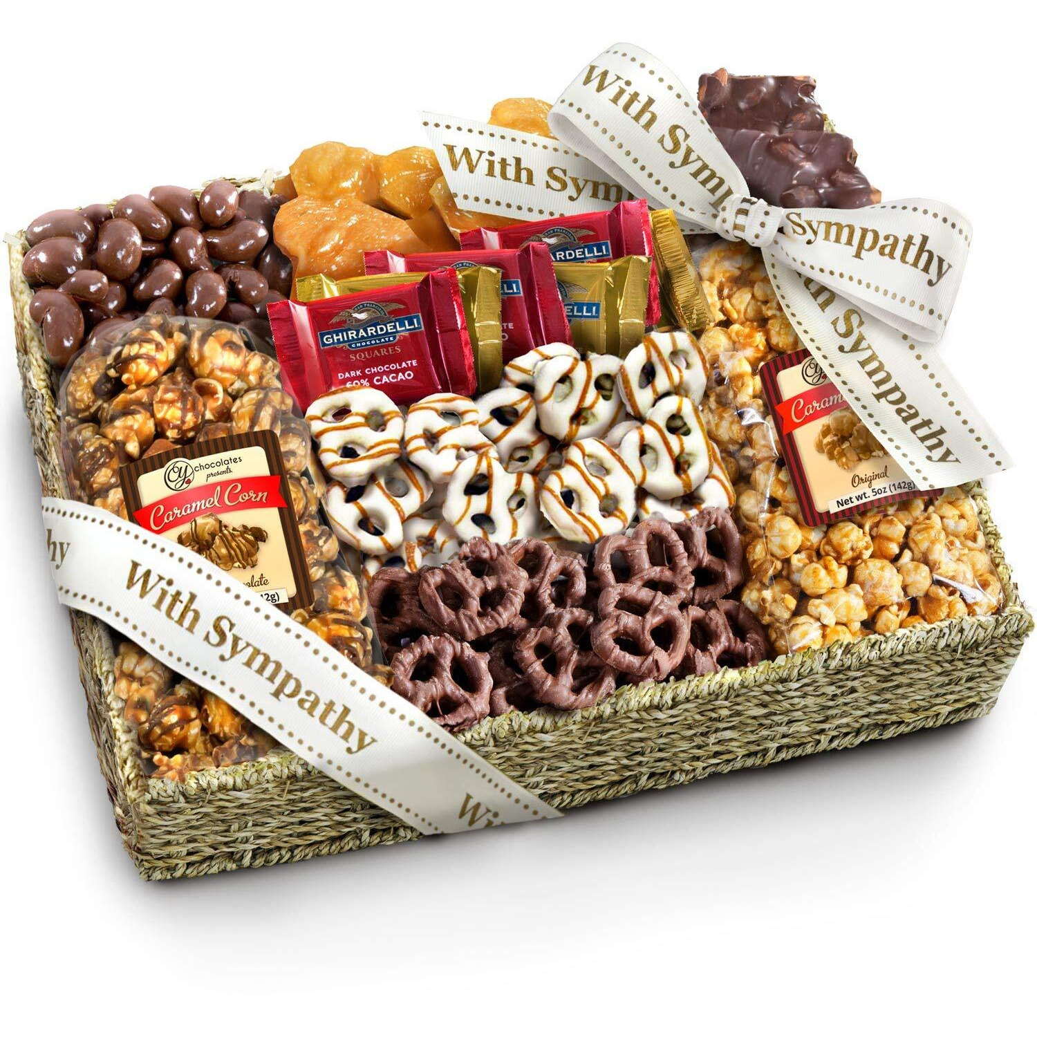 A Gift Inside With Sympathy Chocolate Caramel And Crunch Grand Gift Basket With Snacks, Ghirardelli And Chocolate-Covered Nuts