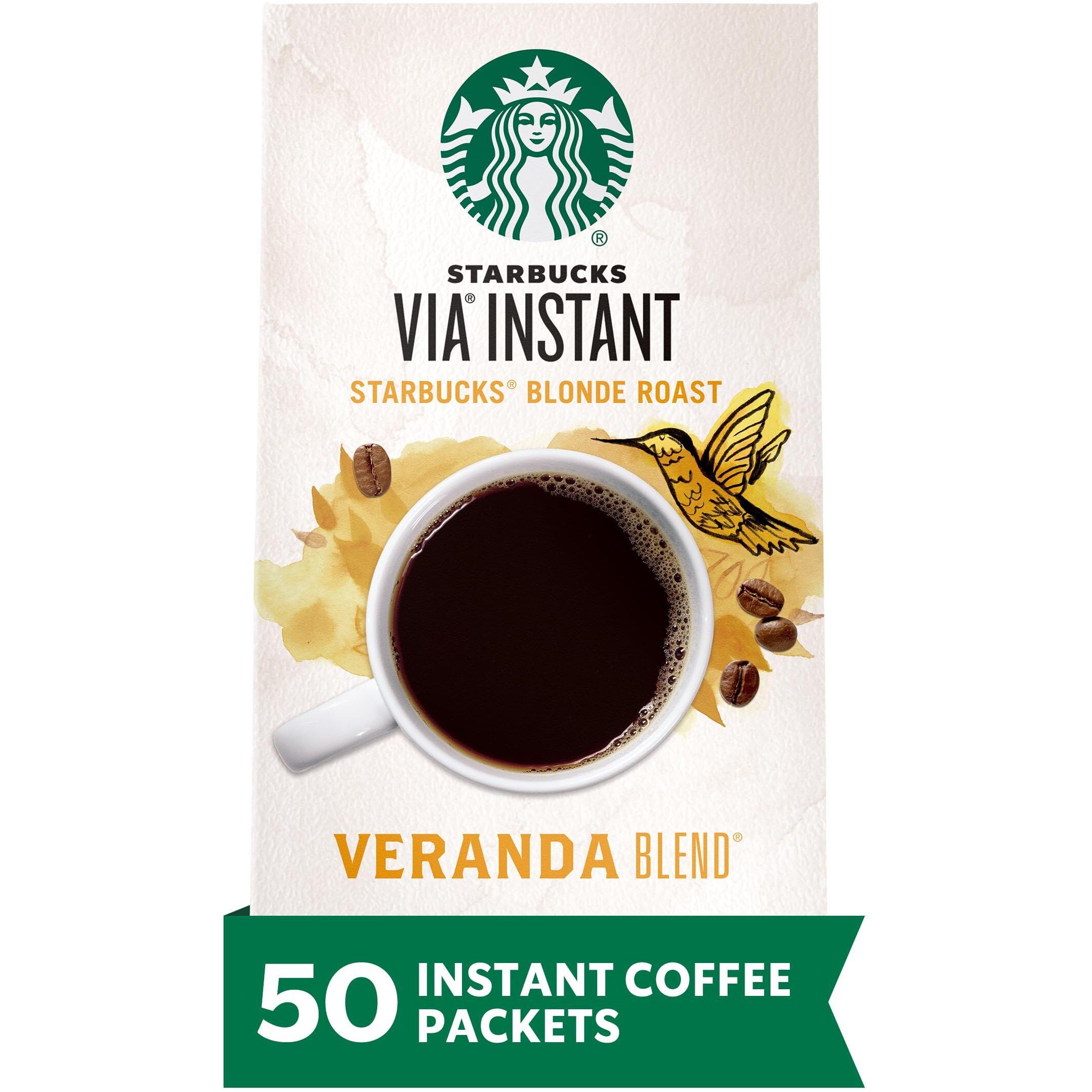 Starbucks Via Instant Coffee, Starbucks Blonde Roast Coffee, Veranda Blend, 100% Arabica, 1 Box (50 Packets)