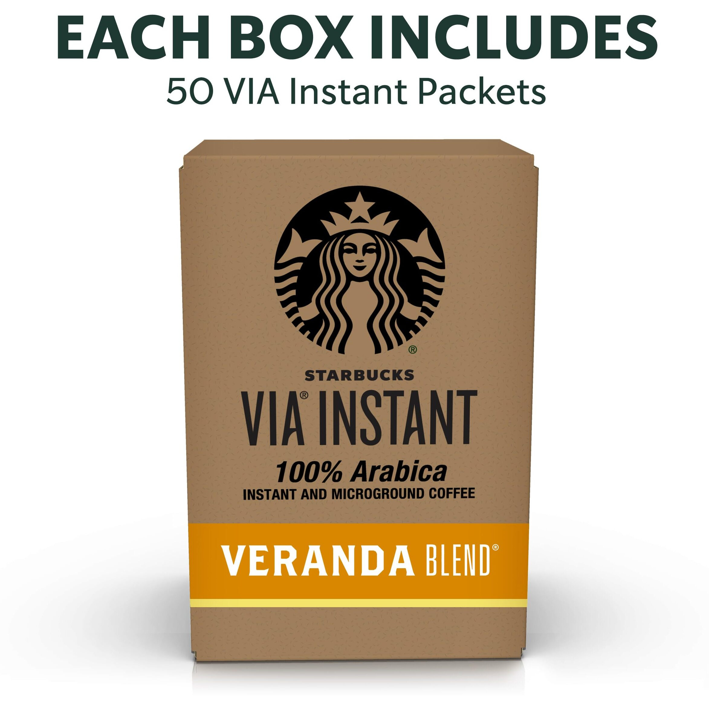 Starbucks Via Instant Coffee, Starbucks Blonde Roast Coffee, Veranda Blend, 100% Arabica, 1 Box (50 Packets)