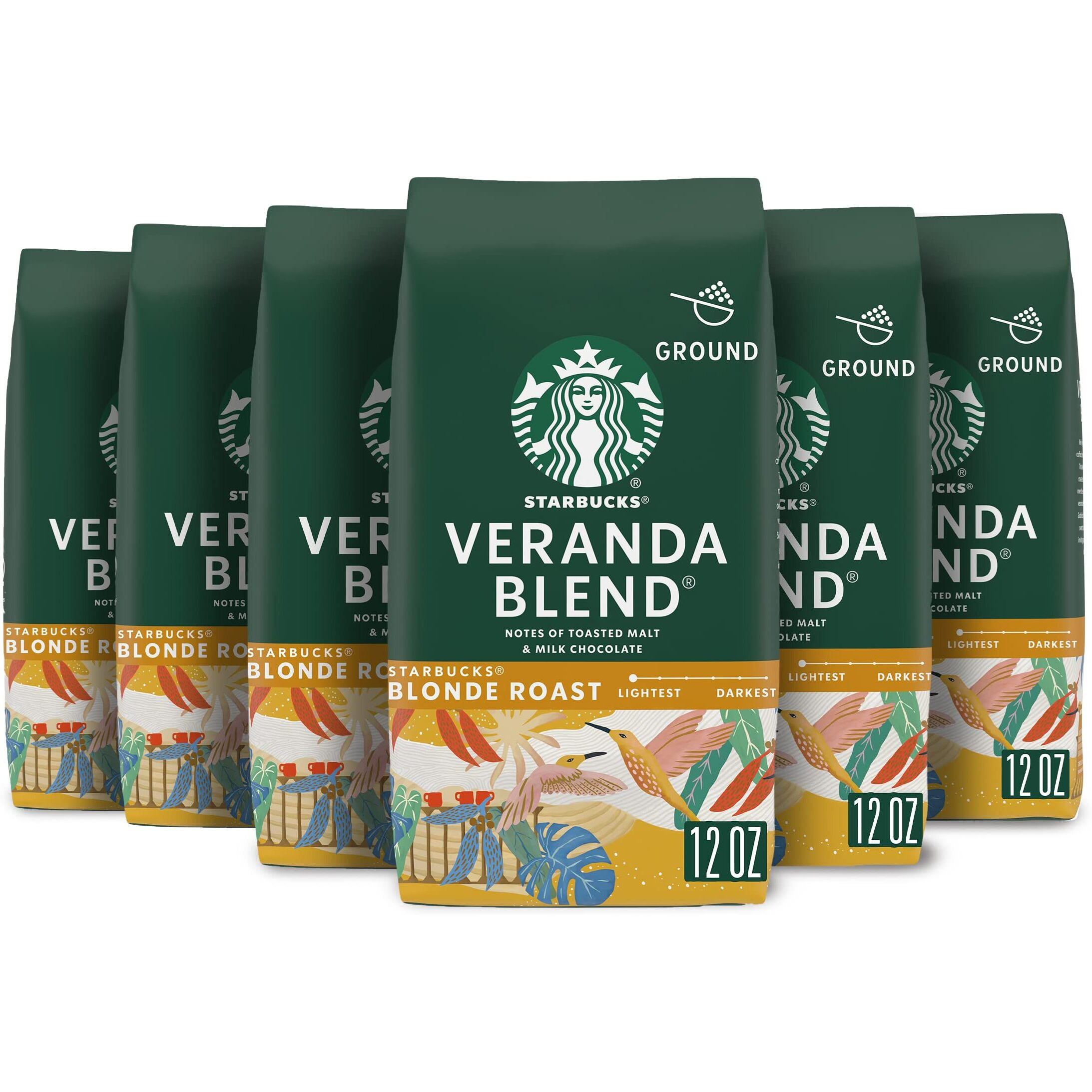 Starbucks Ground Coffee, Starbucks Blonde Roast Coffee, Veranda Blend, 100% Arabica, 6 Bags (12 Oz Each)