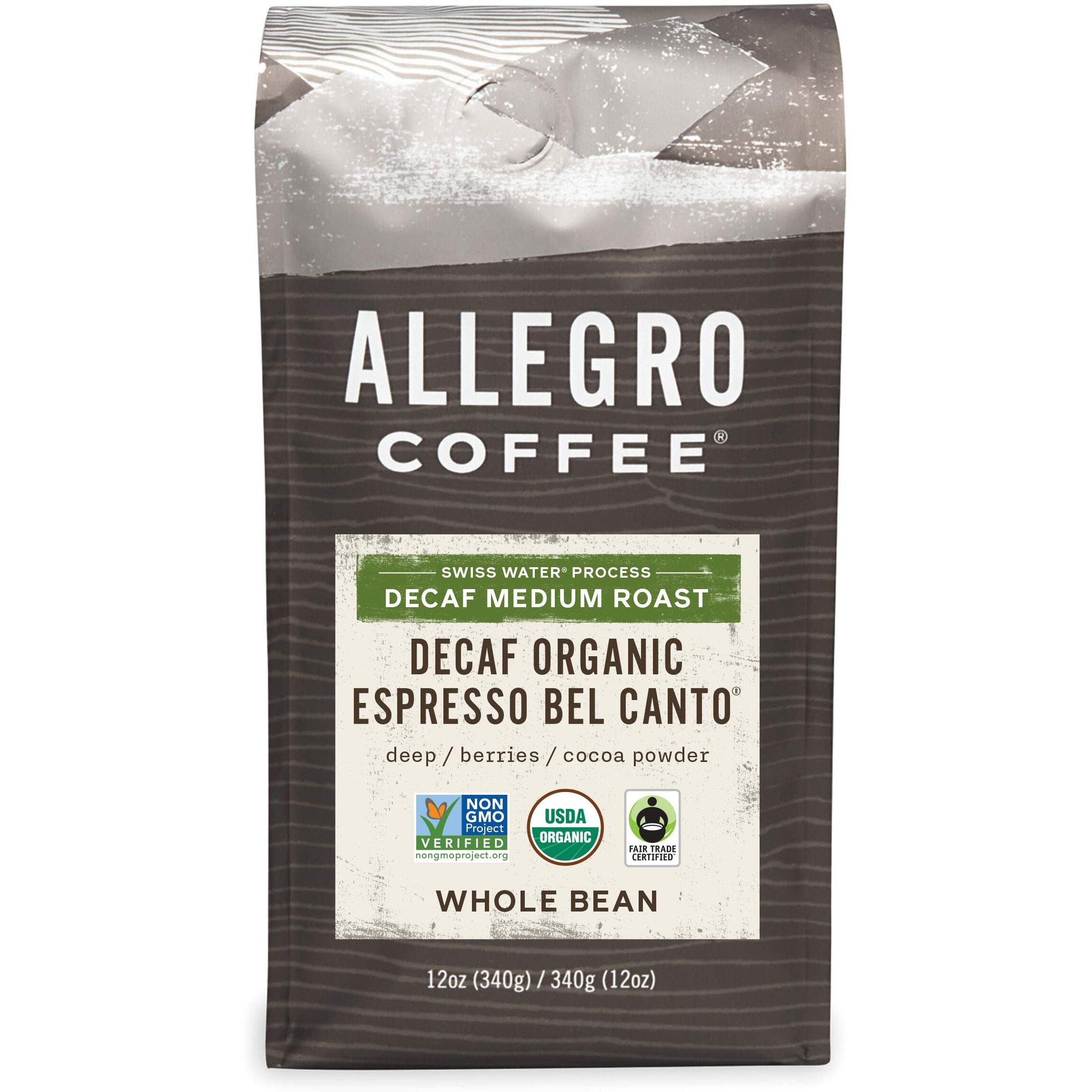 Allegro Coffee Decaf Organic Espresso Bel Canto Whole Bean Coffee, 12 Oz
