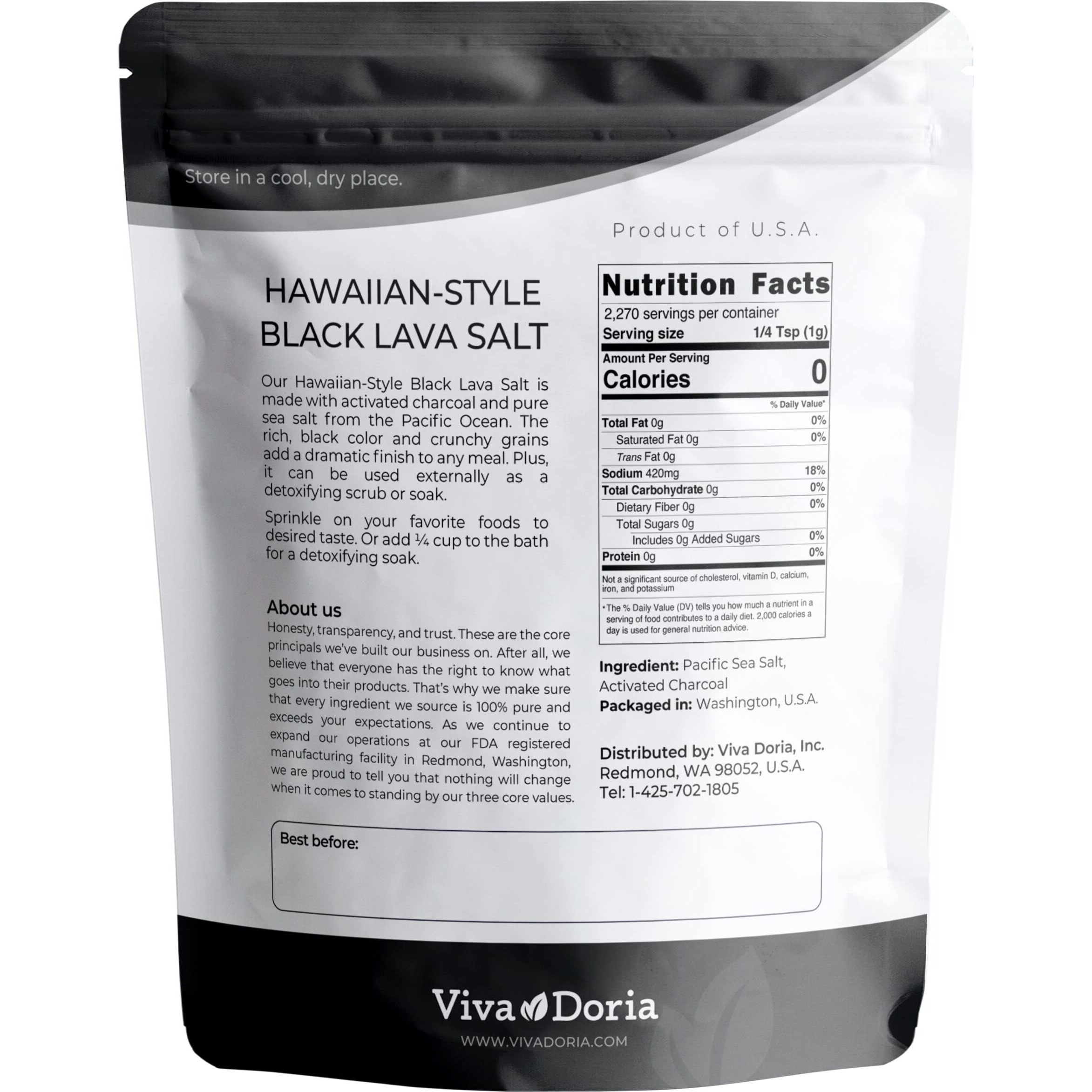Viva Doria Hawaiian Black Lava Sea Salt, Fine Grain, Lava Salt, 5 Lb (2.27 Kg)