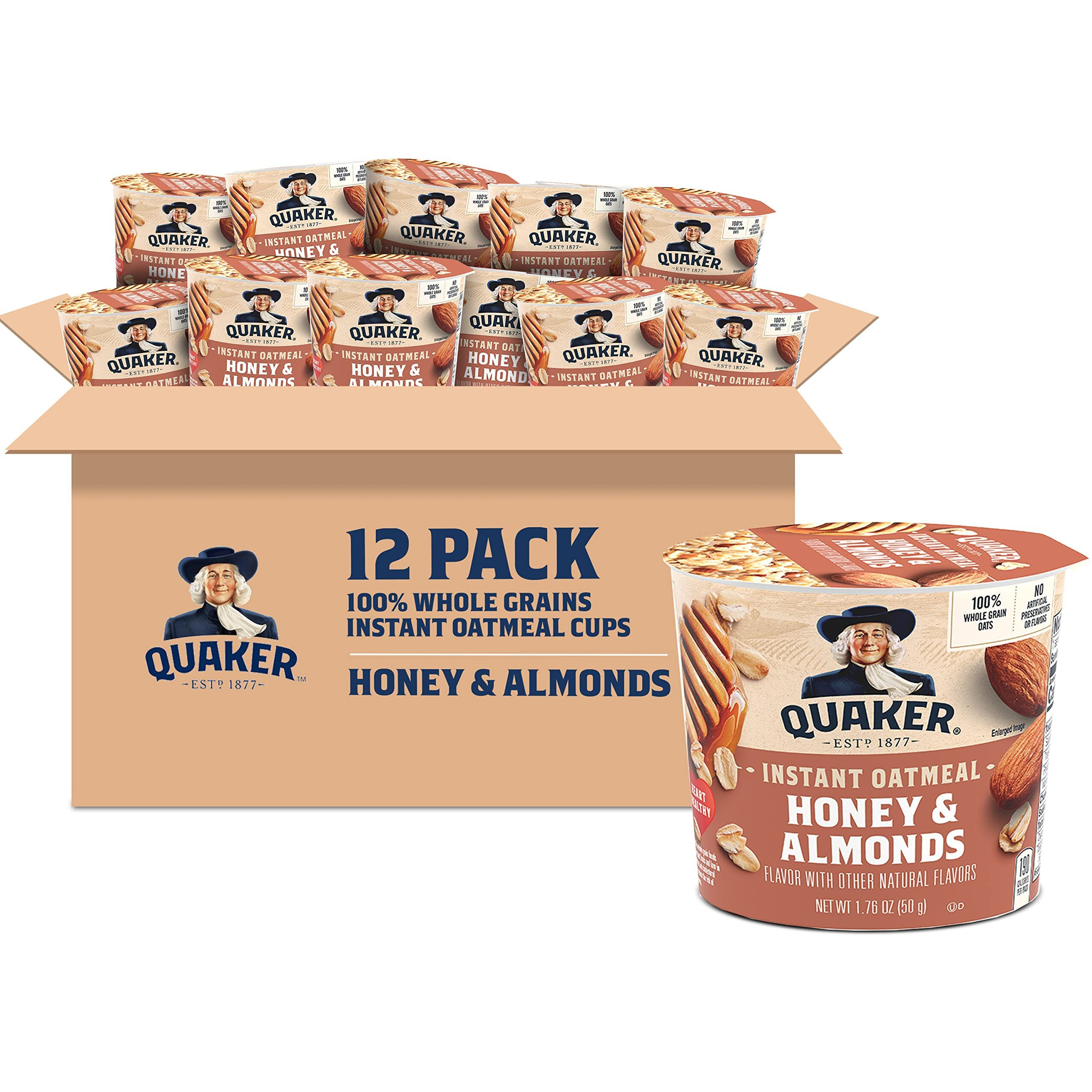 Quaker Instant Oatmeal Express Cups, Honey & Almonds, 1.76 Ounce (Pack Of 12)