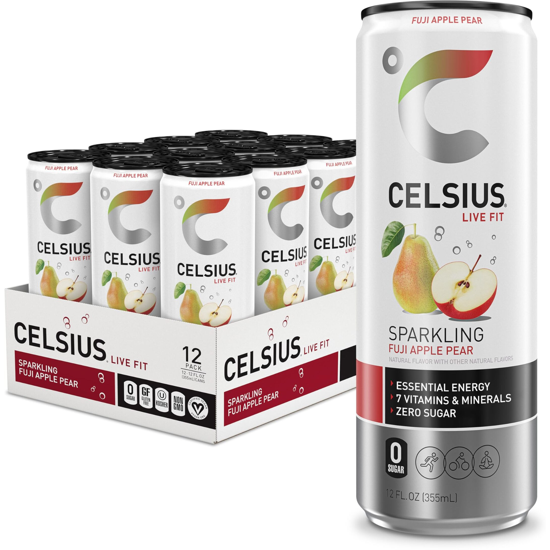 Celsius Sparkling Fuji Apple Pear, Functional Essential Energy Drink 12 Fl Oz (Pack Of 12)