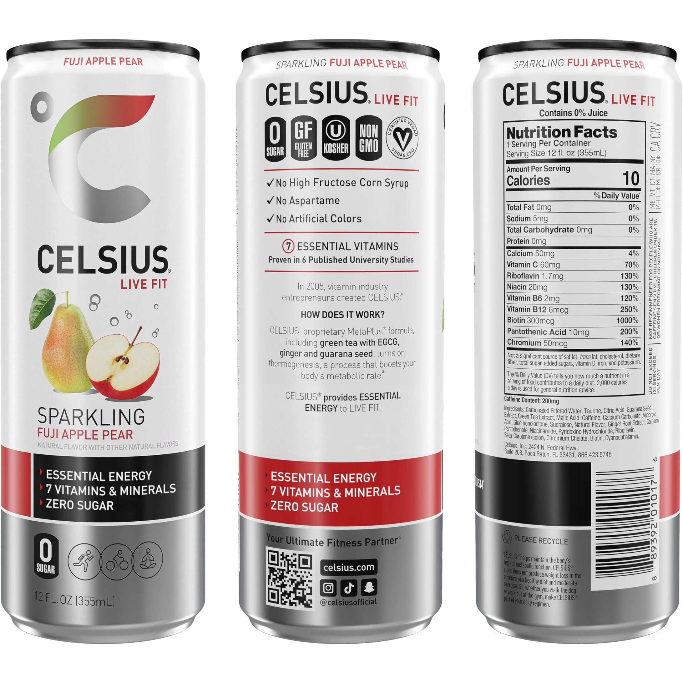 Celsius Sparkling Fuji Apple Pear, Functional Essential Energy Drink 12 Fl Oz (Pack Of 12)