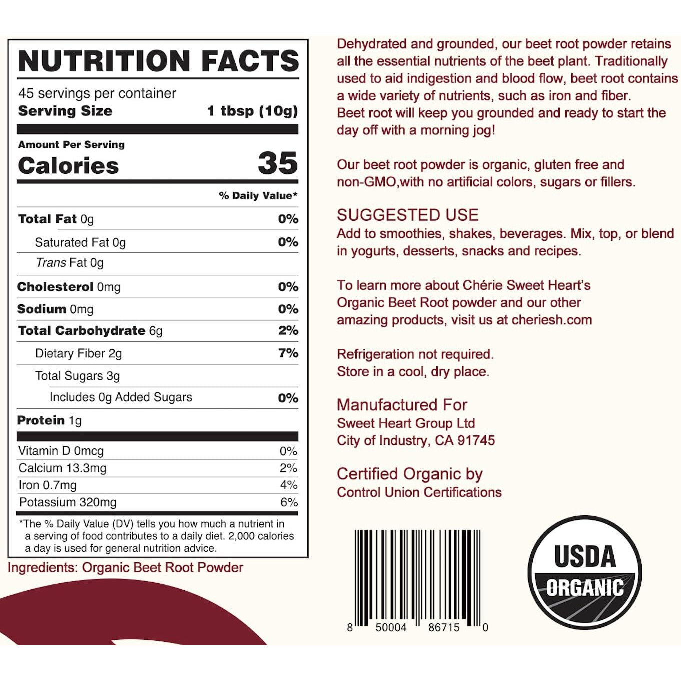 Ch  Rie Sweet Heart Organic Beet Root Powder (1 Lb), Raw & Non-Gmo