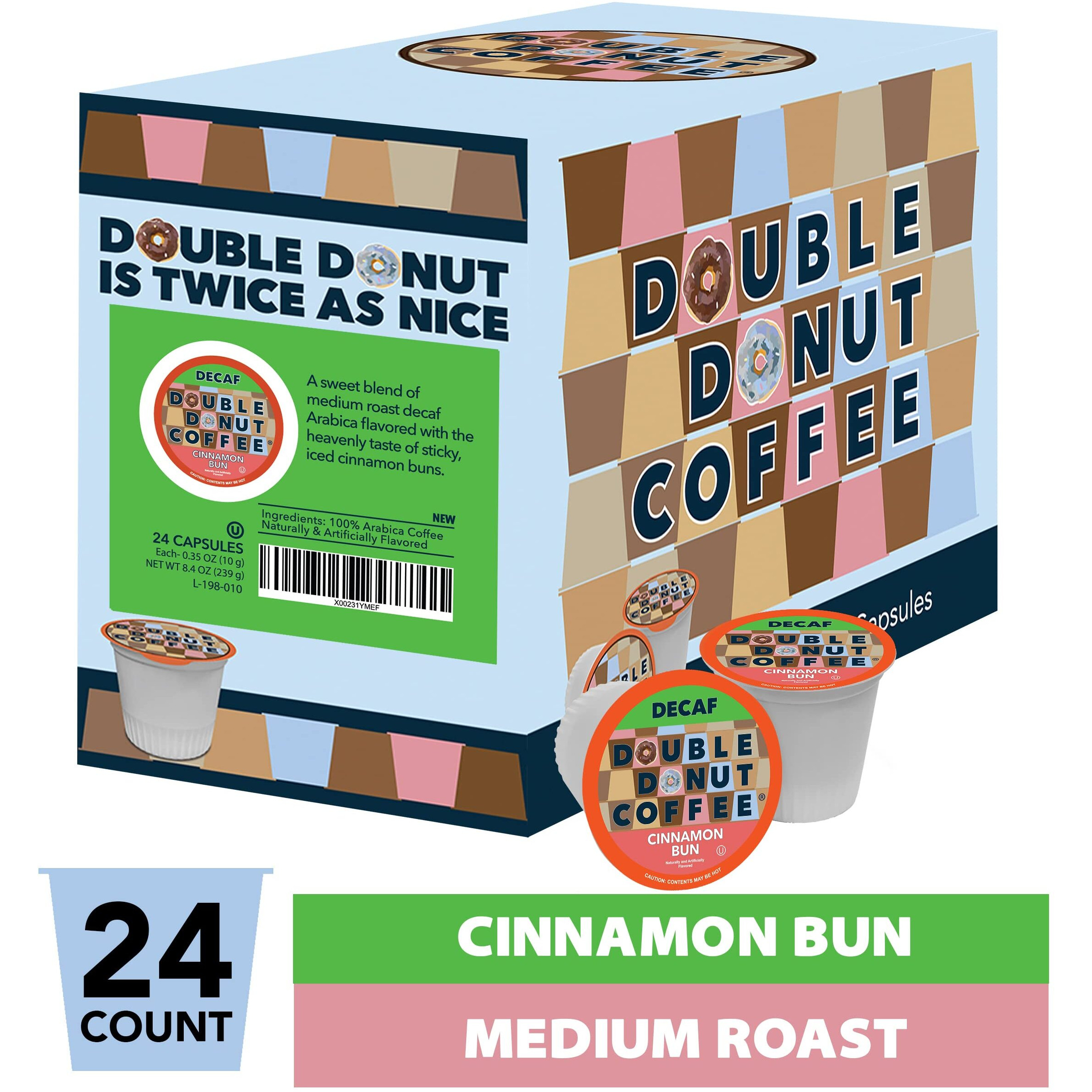 Double Donut Flavored Decaf Coffee Pods, Cinnamon Bun Coffee, Medium Roast Decaf Cinnamon Coffee, Coffee For Keurig K Cups Machines, 24 Count (Packaging May Vary)