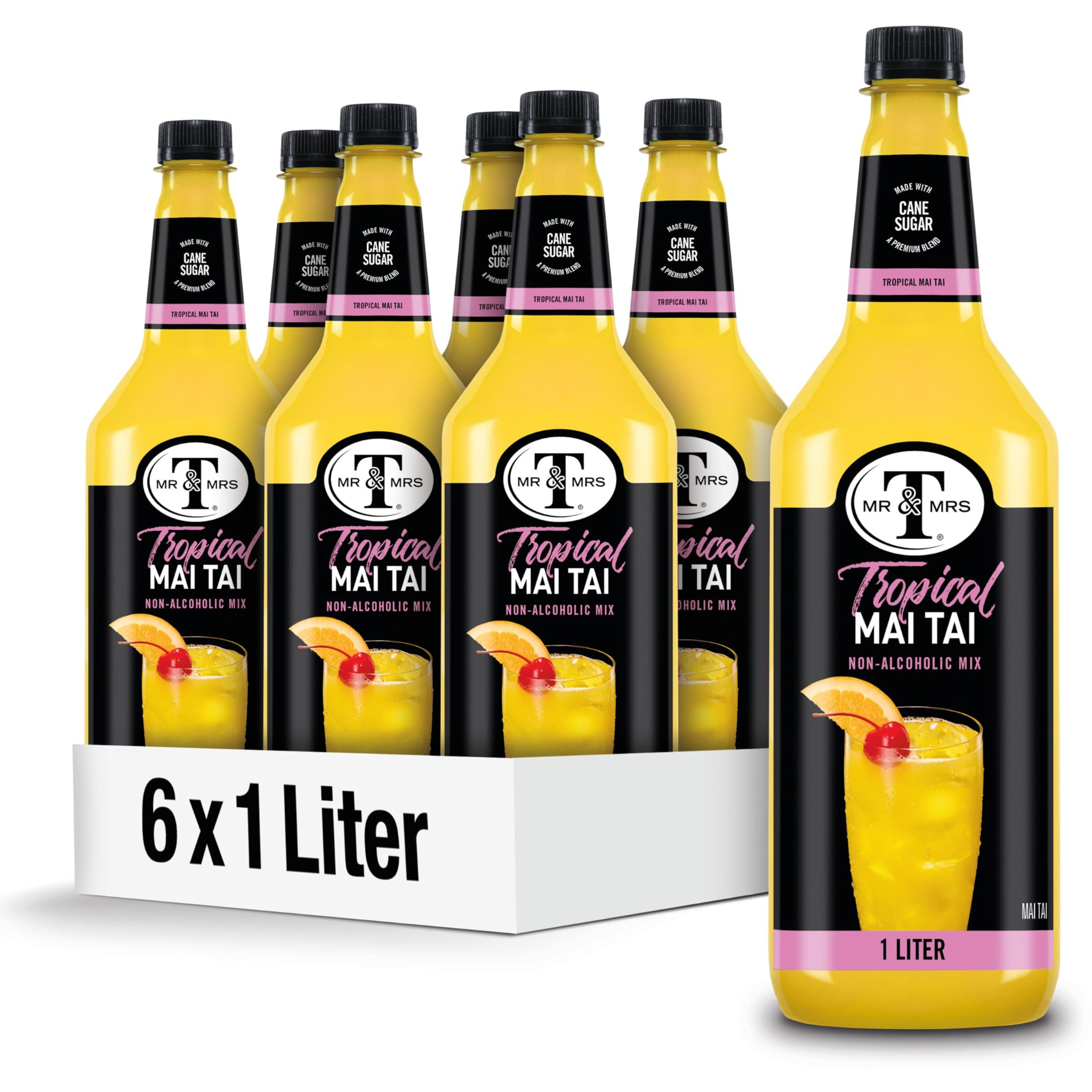 Mr & Mrs T Mai Tai Mix, 1 L Bottle (Pack Of 6), Tropical Citrus Blend Flavored Cocktail Mixer, Made With Cane Sugar, Perfect For Traditional Mai Tai And Mocktail Drinks