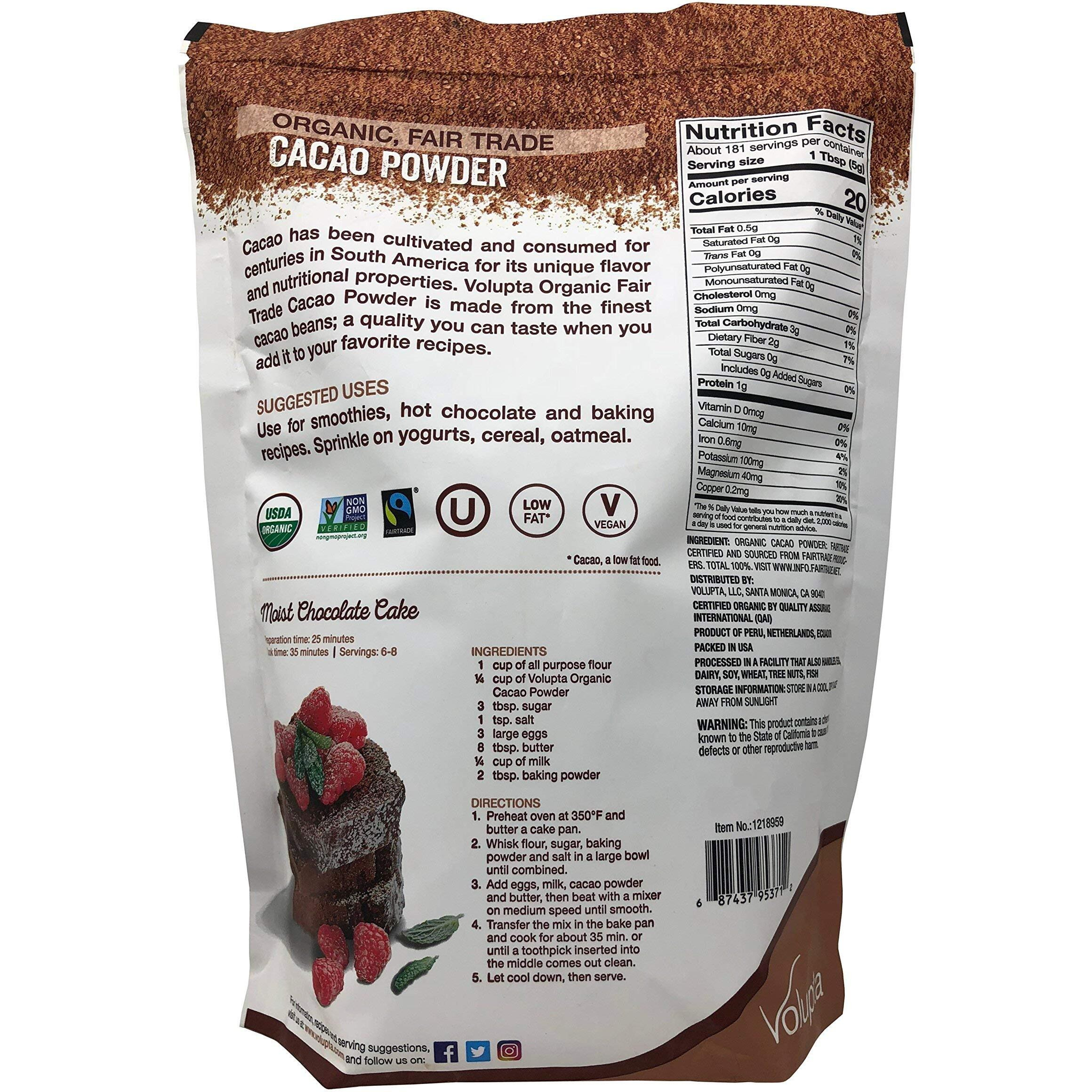 Volupta Organic & Fair Trade Unsweetened Super Food Cacao Powder, 32 Ounce