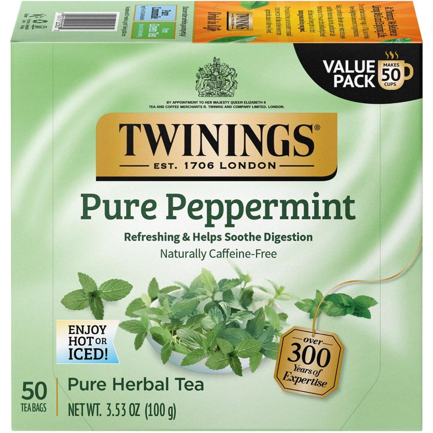 Twinings Pure Peppermint Tea - Naturally Caffeine Free, Refreshing Mint Herbal Tea Bags Individually Wrapped, 50 Count