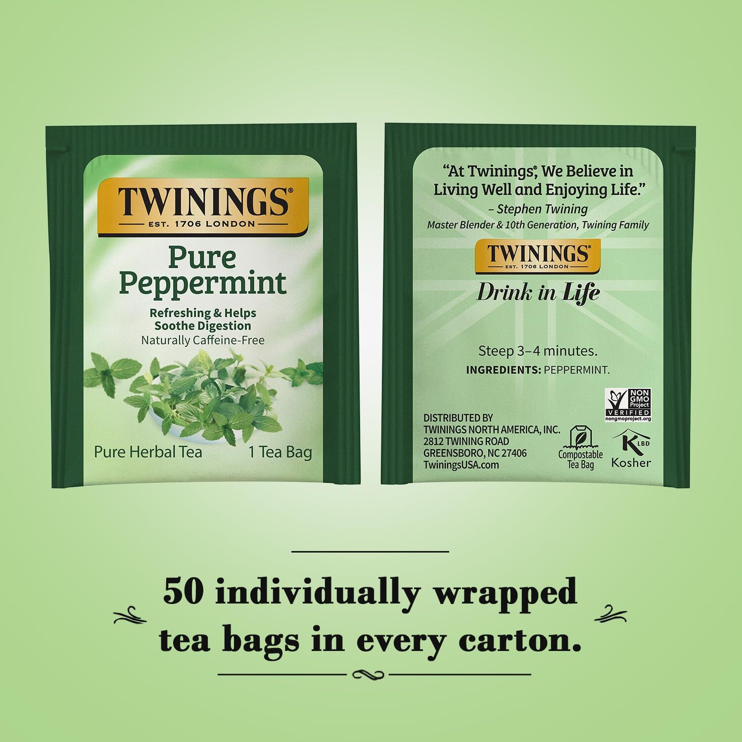 Twinings Pure Peppermint Tea - Naturally Caffeine Free, Refreshing Mint Herbal Tea Bags Individually Wrapped, 50 Count
