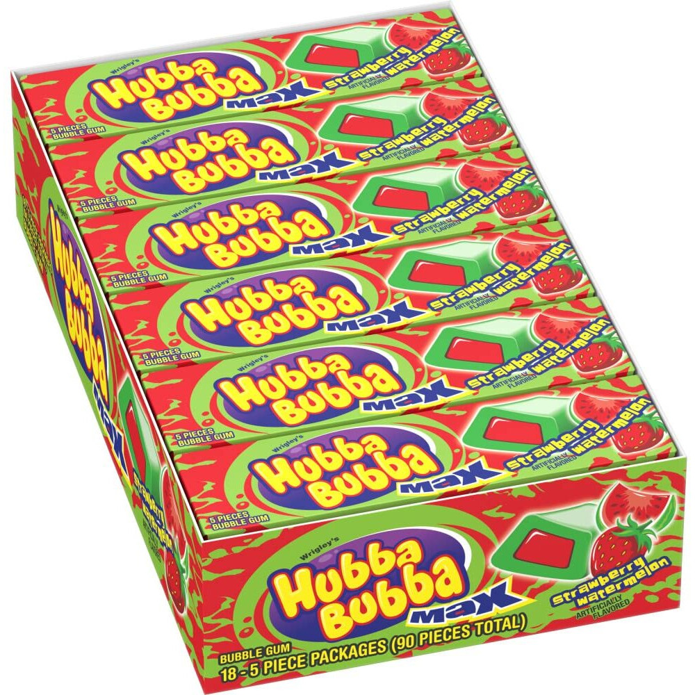 Hubba Bubba Gum (18 Pack) Max Bubble Gum Strawberry Watermelon Flavored Chewing Gum, 5 Piece