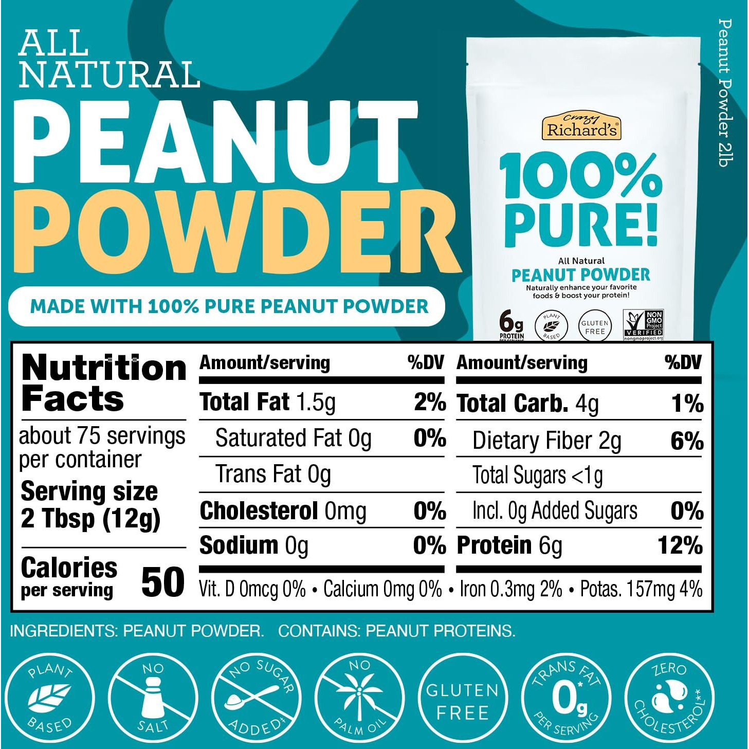 Crazy Richard's 100% All-Natural Peanut Butter Powder With No Added Sugar And Non Gmo (2 Pound Bag, Pack Of 1)