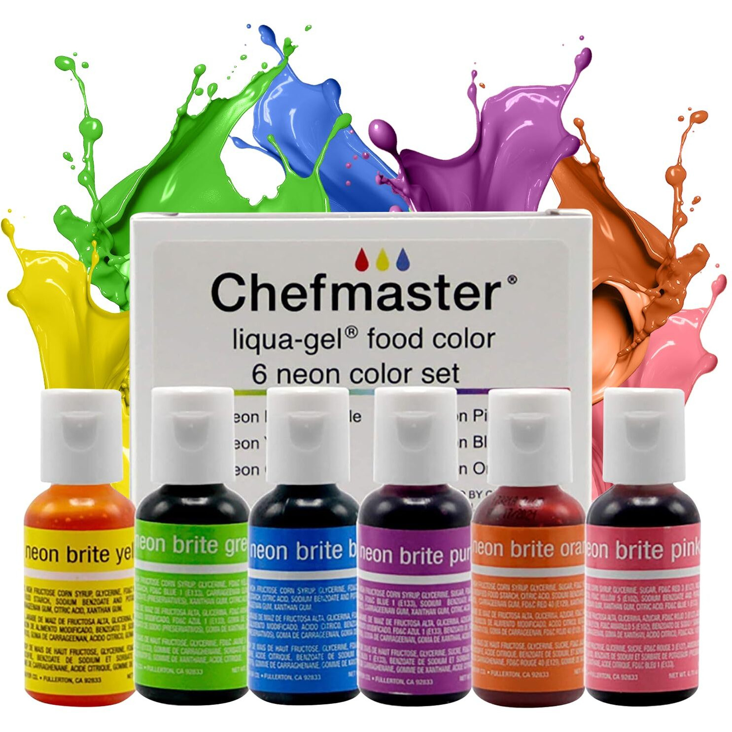 Chefmaster - Neon Liqua-Gel Food Coloring - Fade Resistant - 6 Pack Of 20Ml Bottles - Stunning Vivid Colors With Lightweight And Easy-To-Blend Formula