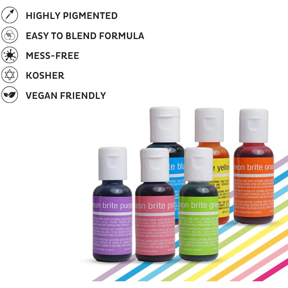 Chefmaster - Neon Liqua-Gel Food Coloring - Fade Resistant - 6 Pack Of 20Ml Bottles - Stunning Vivid Colors With Lightweight And Easy-To-Blend Formula