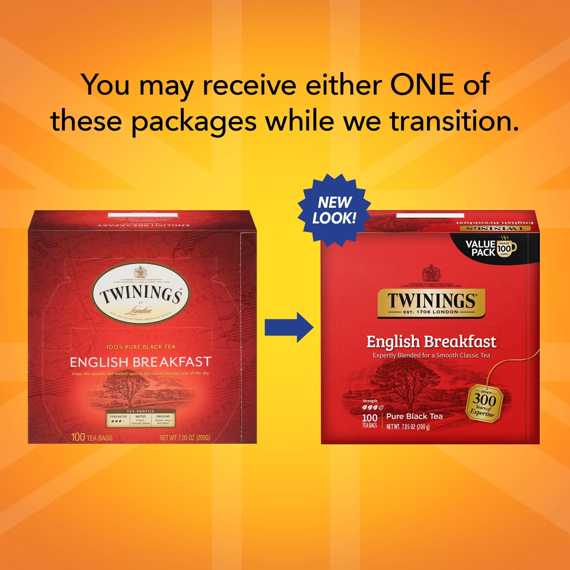 Twinings English Breakfast Black Tea Individually Wrapped Bags, 100 Count (Pack Of 1), Smooth, Flavourful, And Robust, Caffeinated, Enjoy Hot Or Iced | Packaging May Vary