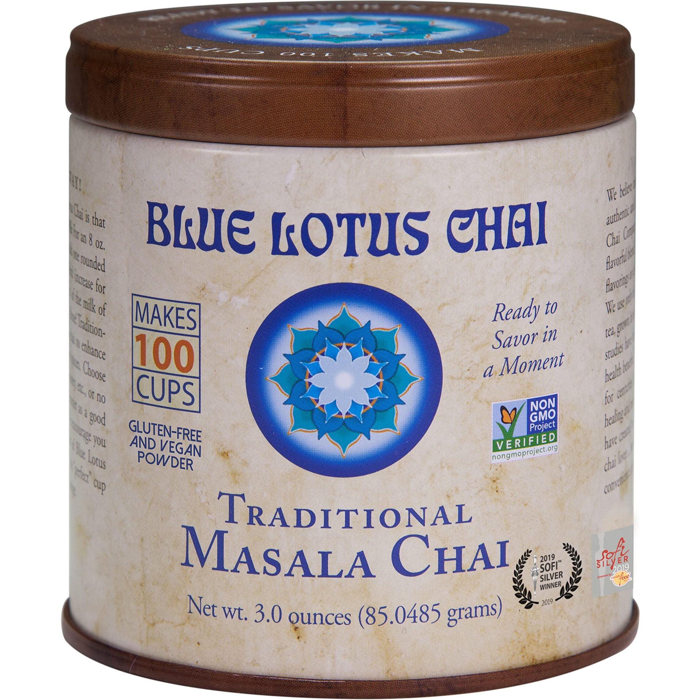 Blue Lotus Chai Tea - Traditional Masala Chai - Makes 100 Cups - 3 Ounce Masala Spiced Chai Powder With Organic Spices - Instant Indian Tea No Steeping - No Gluten