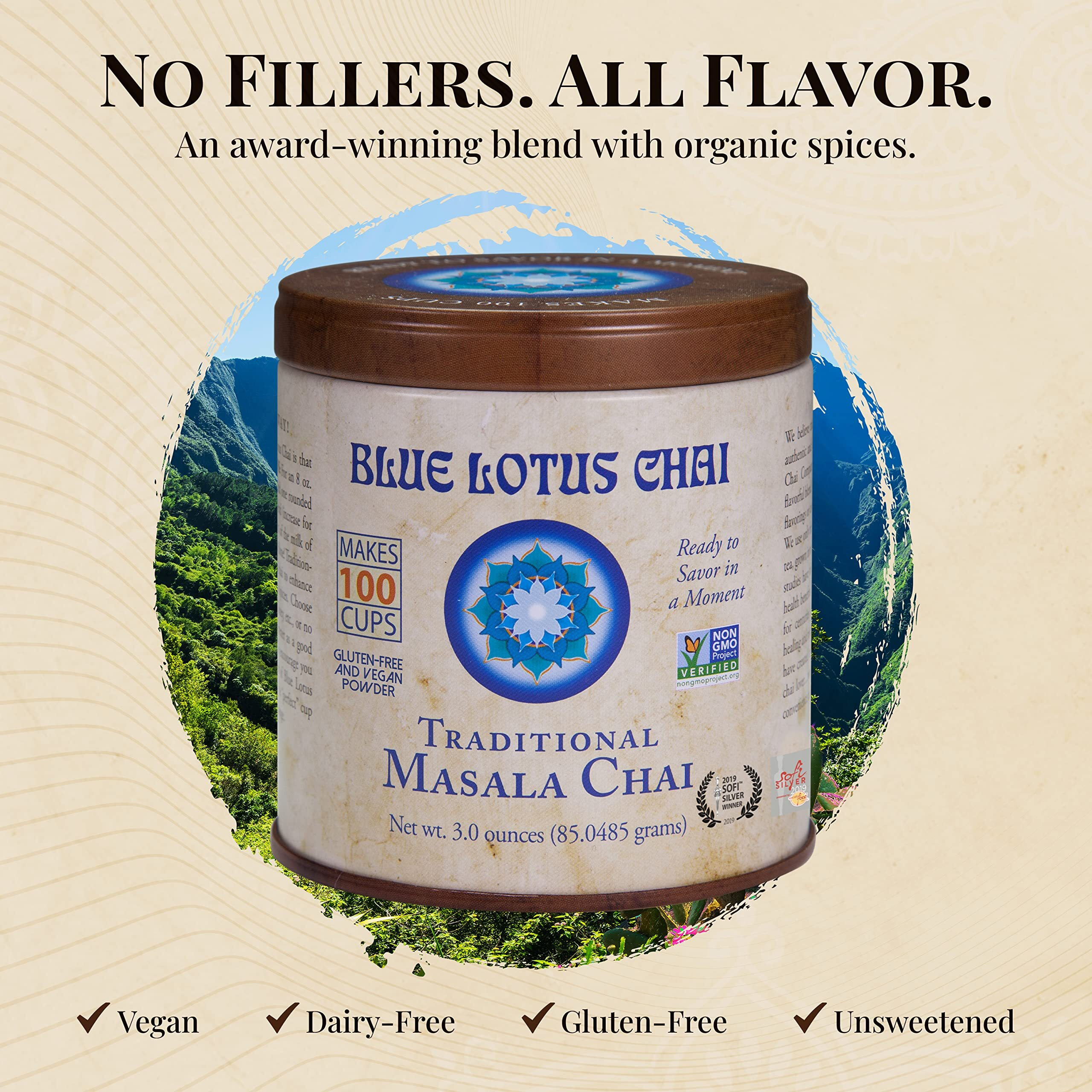 Blue Lotus Chai Tea - Traditional Masala Chai - Makes 100 Cups - 3 Ounce Masala Spiced Chai Powder With Organic Spices - Instant Indian Tea No Steeping - No Gluten