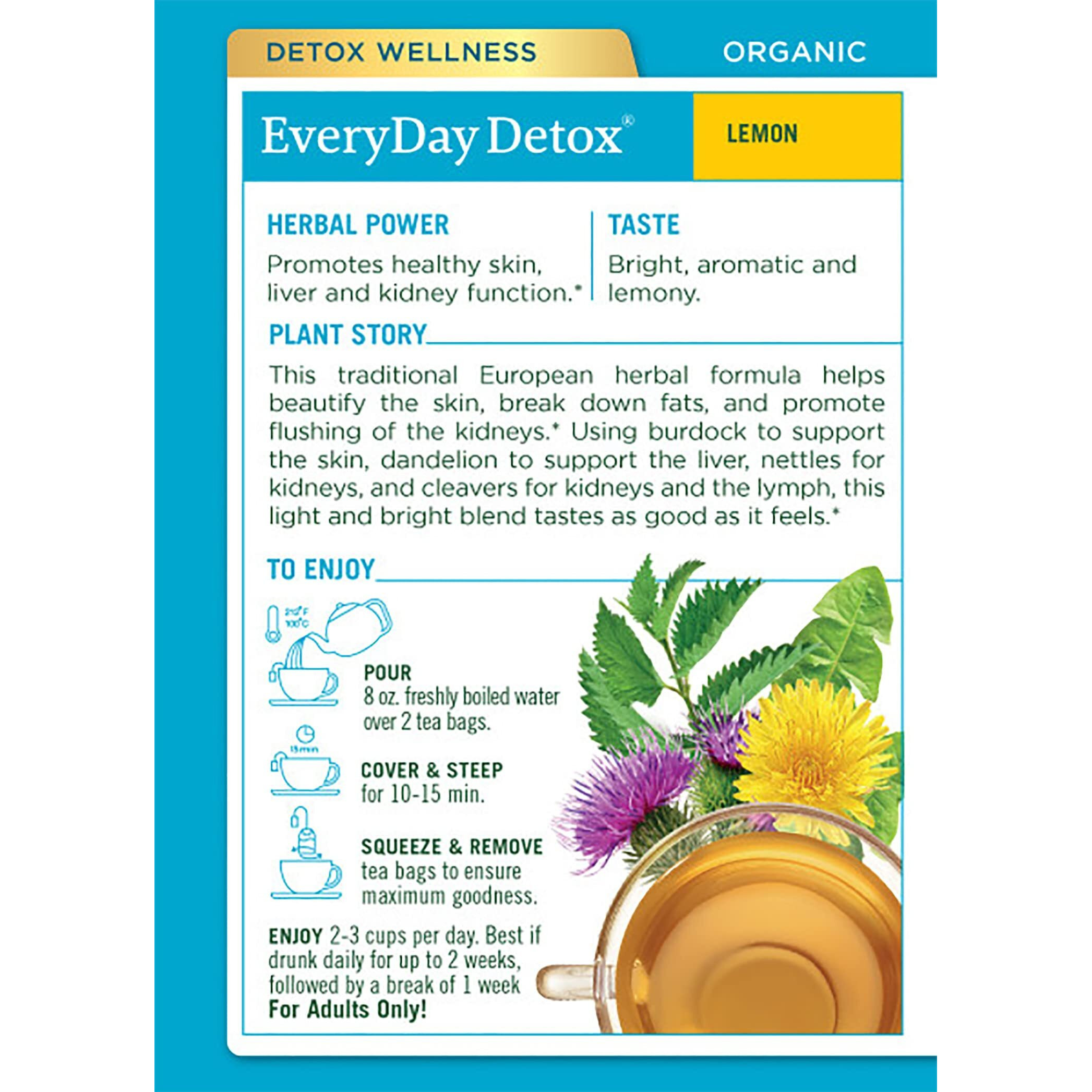 Traditional Medicinals Organic Everyday Detox Lemon Herbal Tea, Supports Healthy Skin & Liver Function, (Pack Of 3) - 48 Tea Bags Total