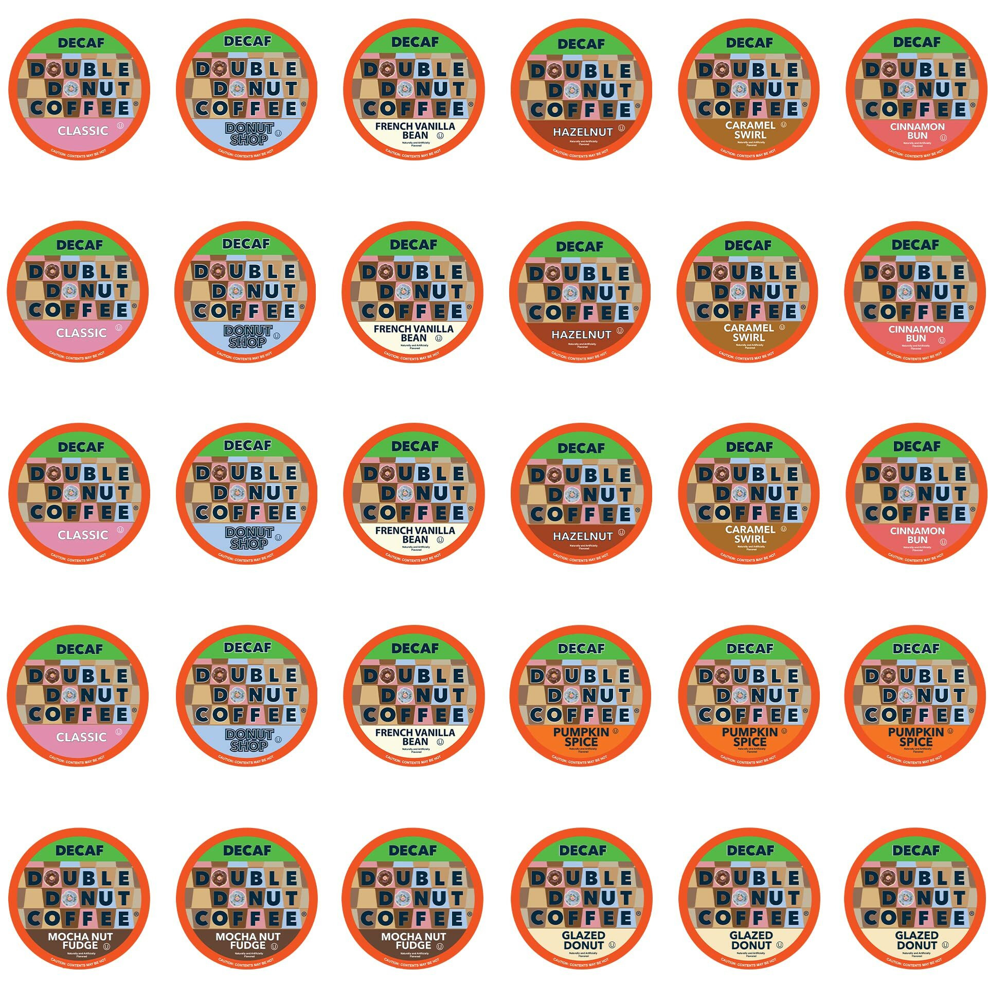 Double Donut Coffee Decaf Flavored Coffee, Variety Pack, 30 Count