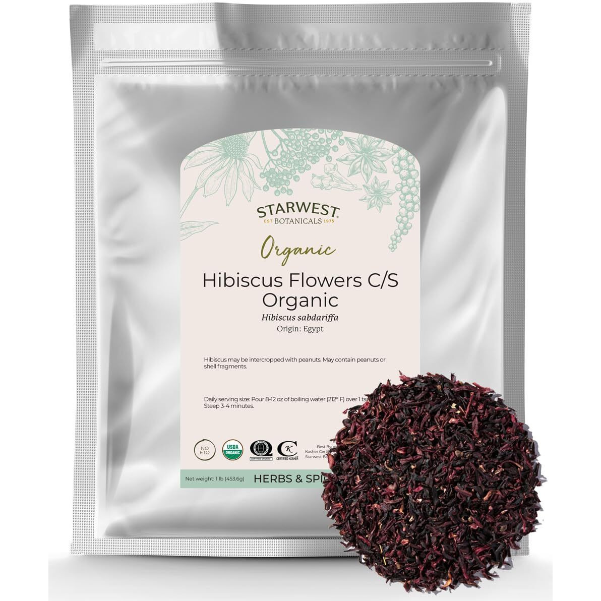 Starwest Botanicals Organic Egyptian Hibiscus Flowers Tea Loose Cut And Sifted, 1 Pound Bulk
