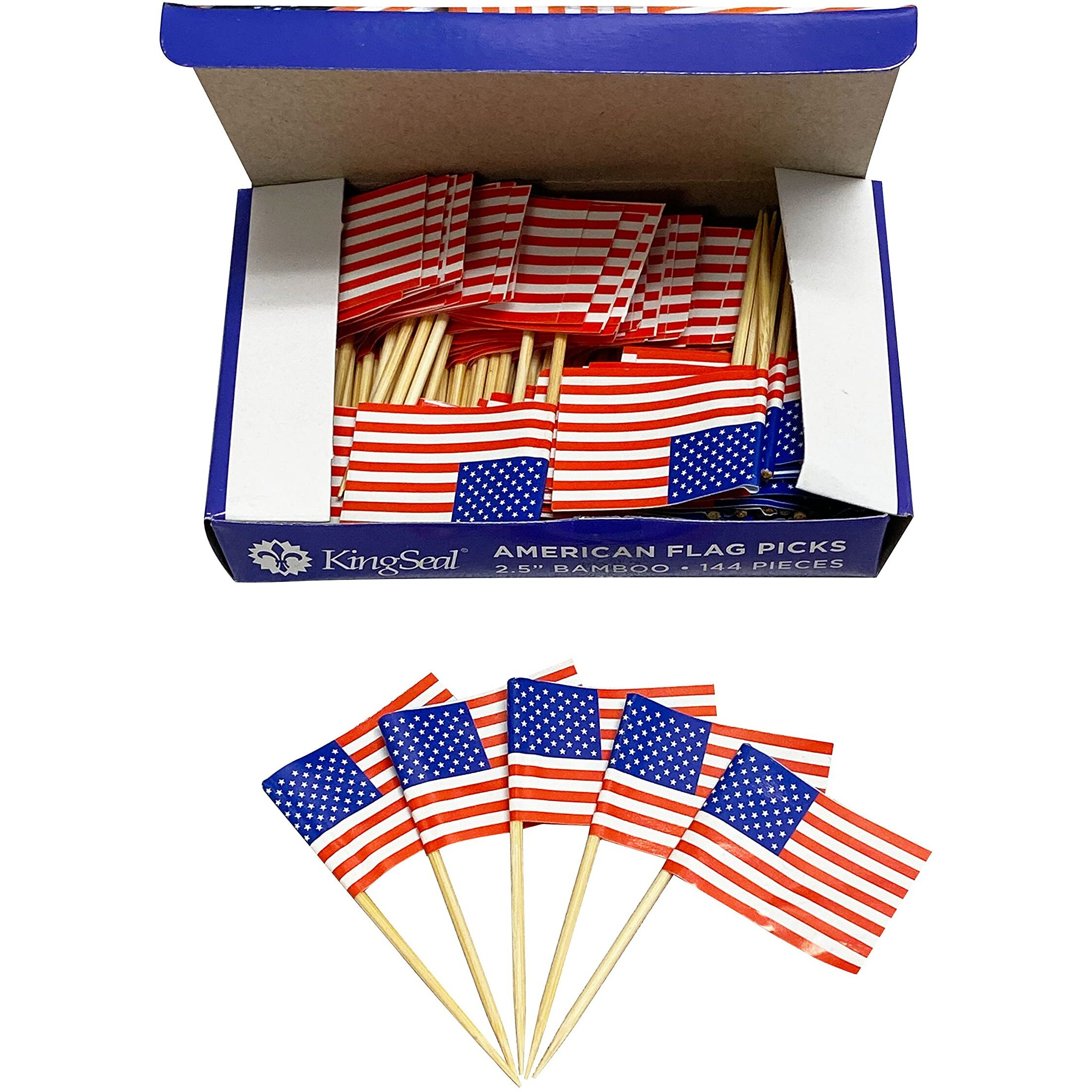 Kingseal American Usa Flag Toothpicks, 2.5 Inch, Ideal For Sandwiches, Appetizers, Cupcake Toppers, And More - 2 Packs Of 144 Each (288 Count),