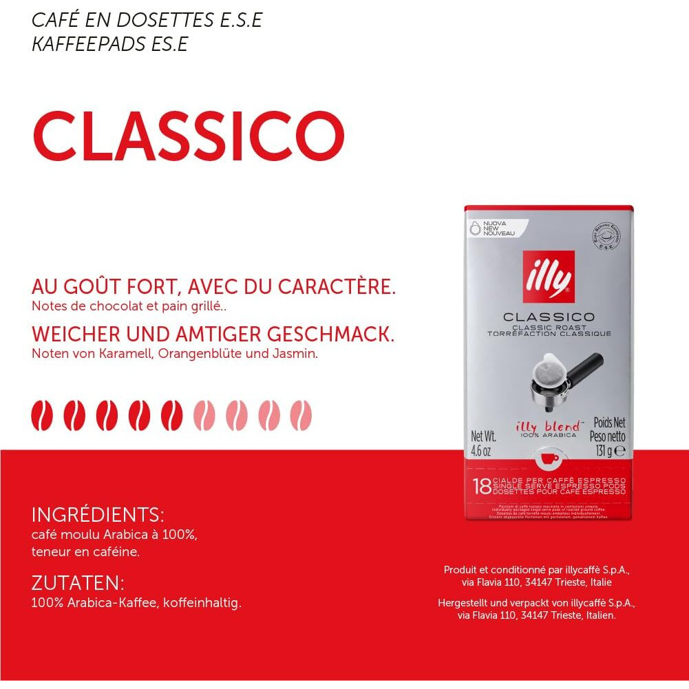 Illy E.S.E. Coffee - Single-Serve Coffee Pods - Classico Medium Roast - Notes Of Chocolate & Caramel - For E.S.E Coffee Machines - Extraordinary Aroma & Body - 18 Count