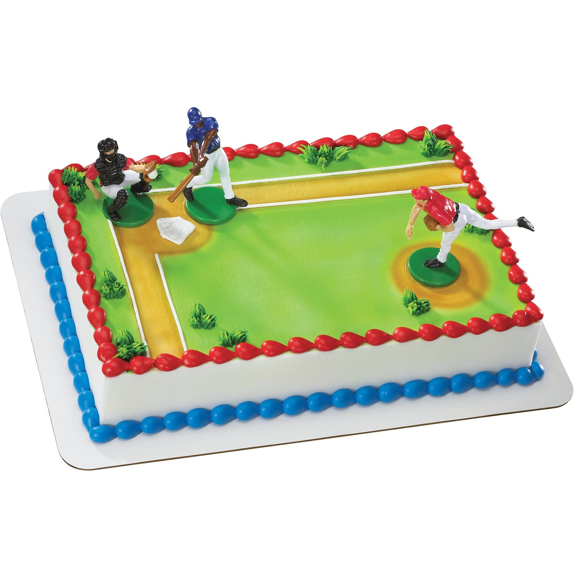 Decoset Batter Up 3 Piece Decorations Set, Cake And Cupcake Toppers For Baseball Themed Birthdays, Celebrations, And Parties, Food Safe, Re-Usable, Red, Blue