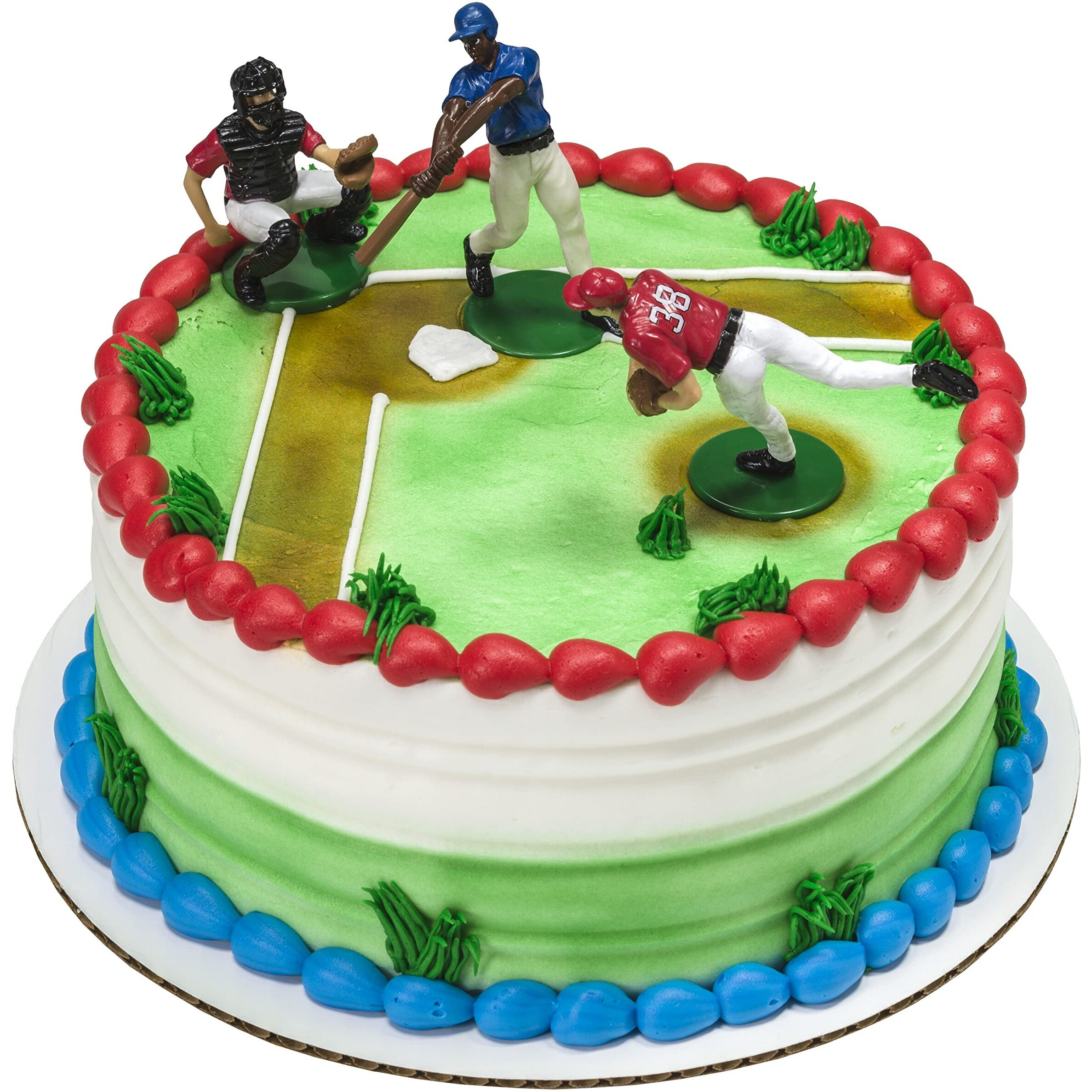 Decoset Batter Up 3 Piece Decorations Set, Cake And Cupcake Toppers For Baseball Themed Birthdays, Celebrations, And Parties, Food Safe, Re-Usable, Red, Blue