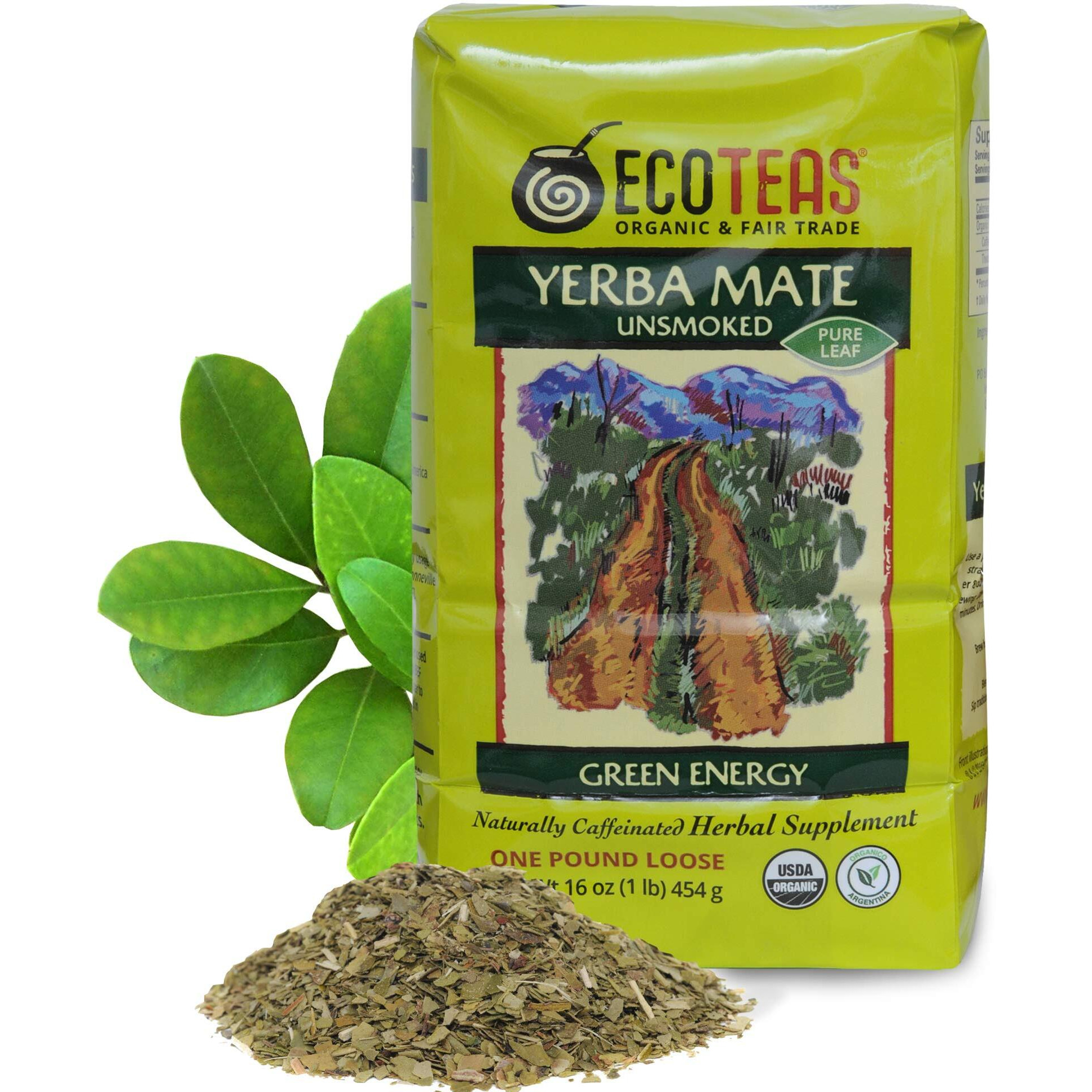 Ecoteas - Organic Yerba Mate Loose Leaf Tea - Unsmoked, Pure Leaf, 1 Lb - Detox Hi Caf Energy, 100% Organic From Argentina